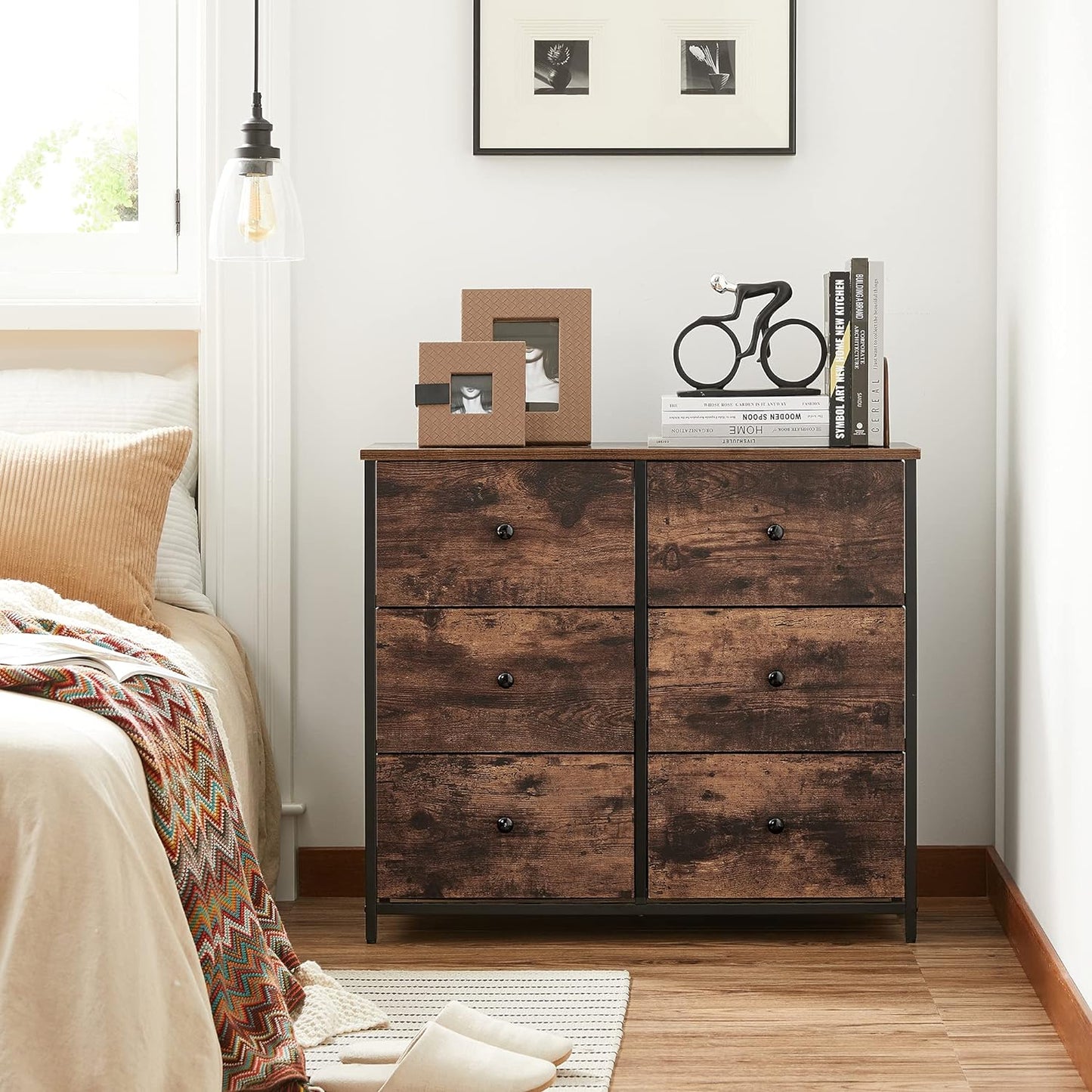 6-Drawer Bedroom Dresser with Metal Frame, Rustic Brown and Classic Black Finish