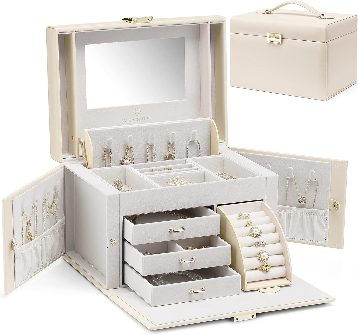 Elegant Baroque Jewelry Organizer-Spacious Storage Box with Mirror and Drawers for Bracelets, Earrings, Rings, Necklaces
