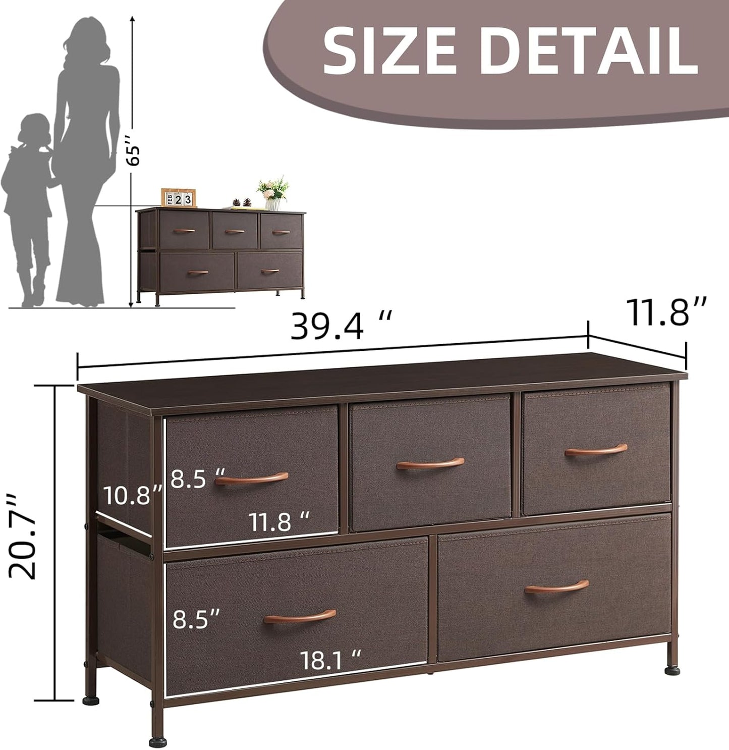 5-Drawer Dresser in Coffee Brown with Removable Fabric Bins for Versatile Storage