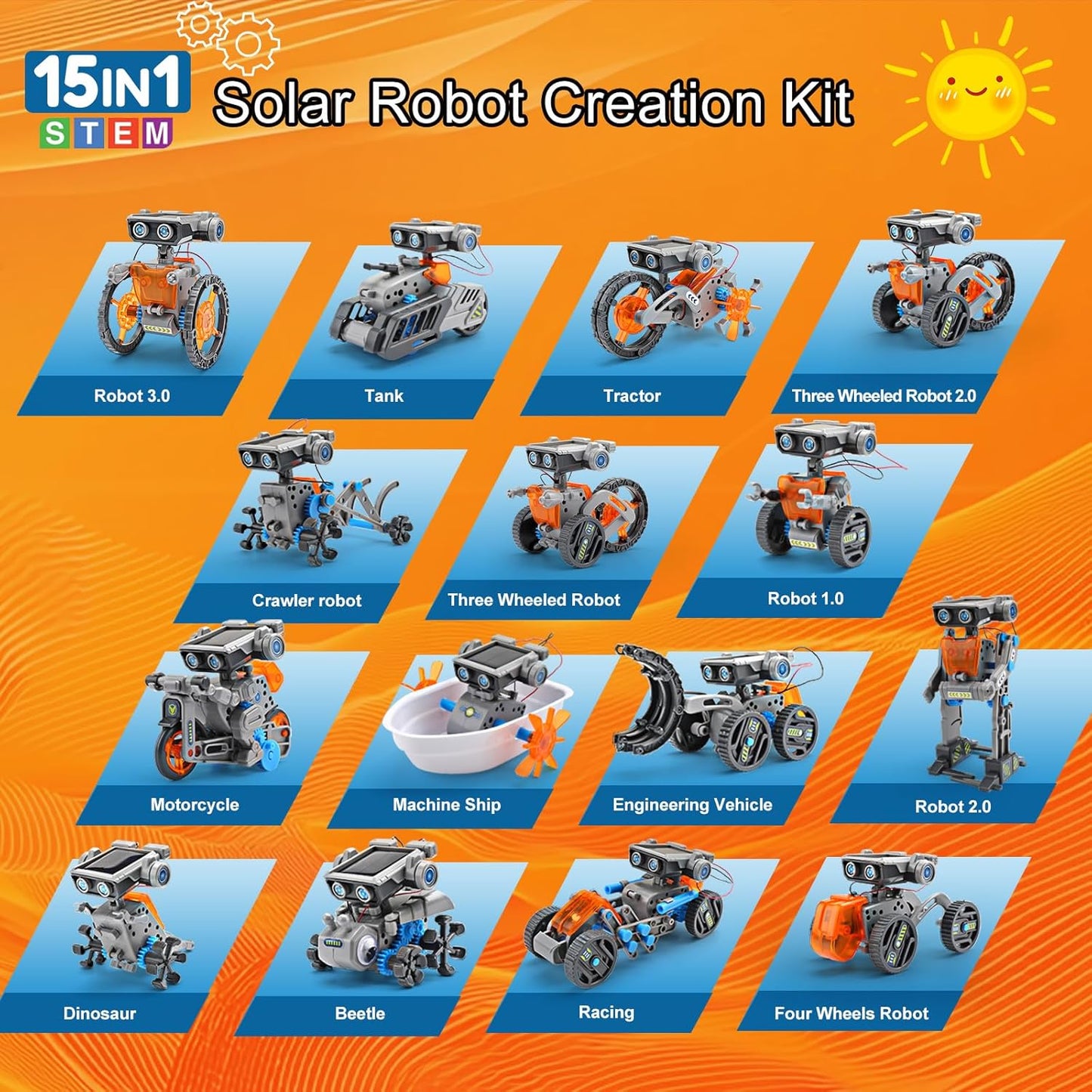 15-in-1 Solar Robot Building Kit for Ages 8-14, Dual Power Solar and Battery Educational Science Toys