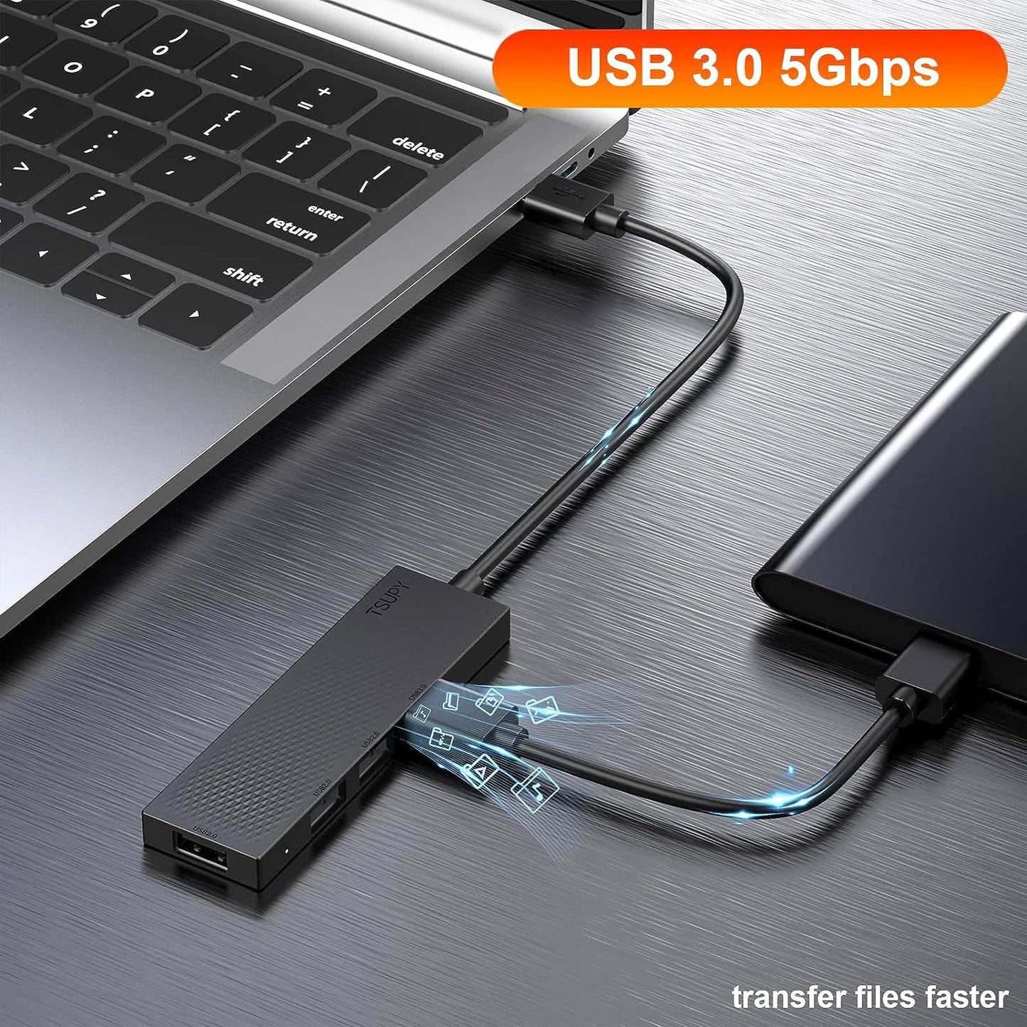 USB 3.0 Hub - Ultra Slim Portable Data Splitter with 5Gbps Speed for Desktop, Laptop, PS4, Chromebook, and More