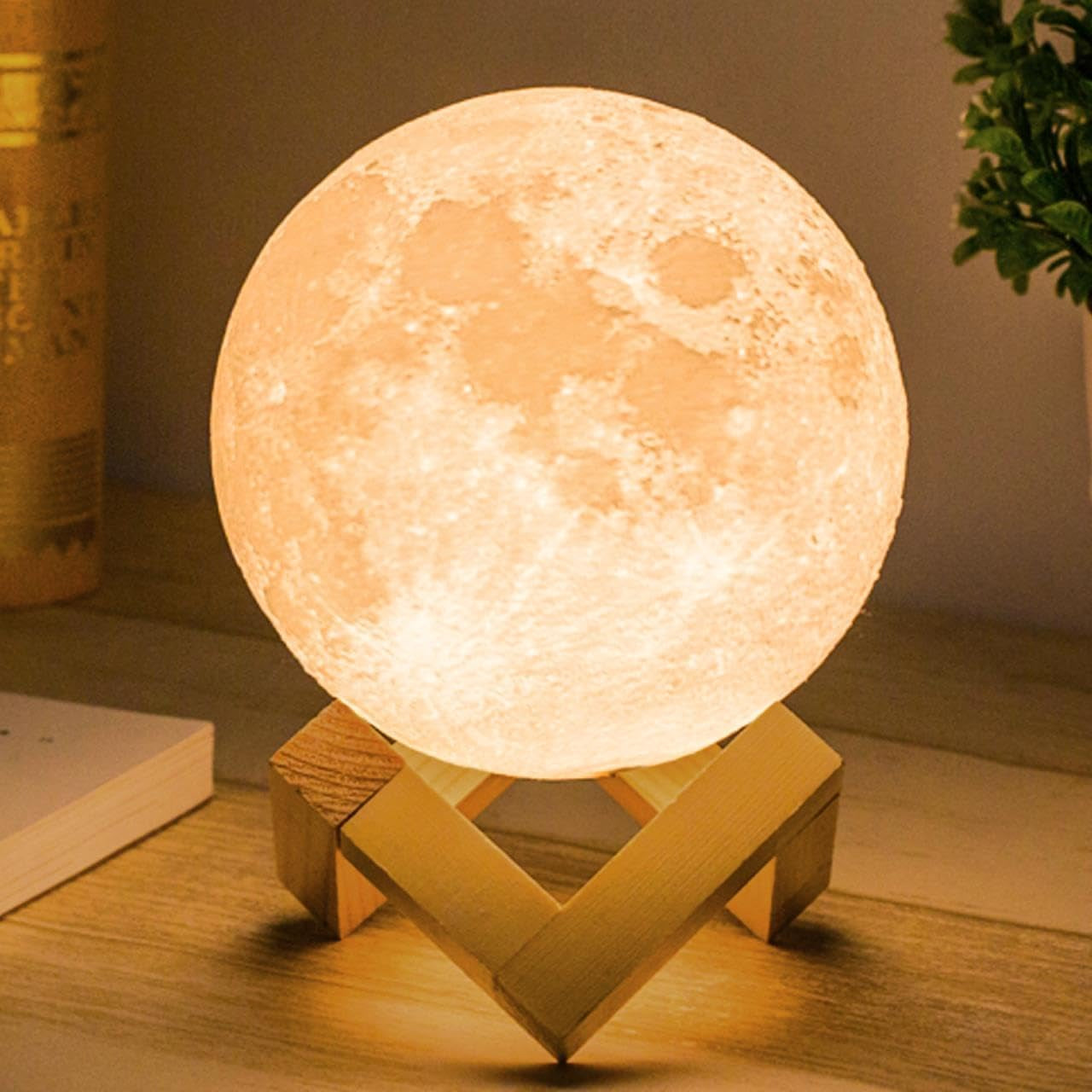 Moon Lamp-Home Décor, Mothers Day Gift with Brightness Control, Gift for Women, LED Night Light, Bedroom, Living Room, Kids Birthday Gift, Ceramic Hand Base, 3.5", White & Yellow