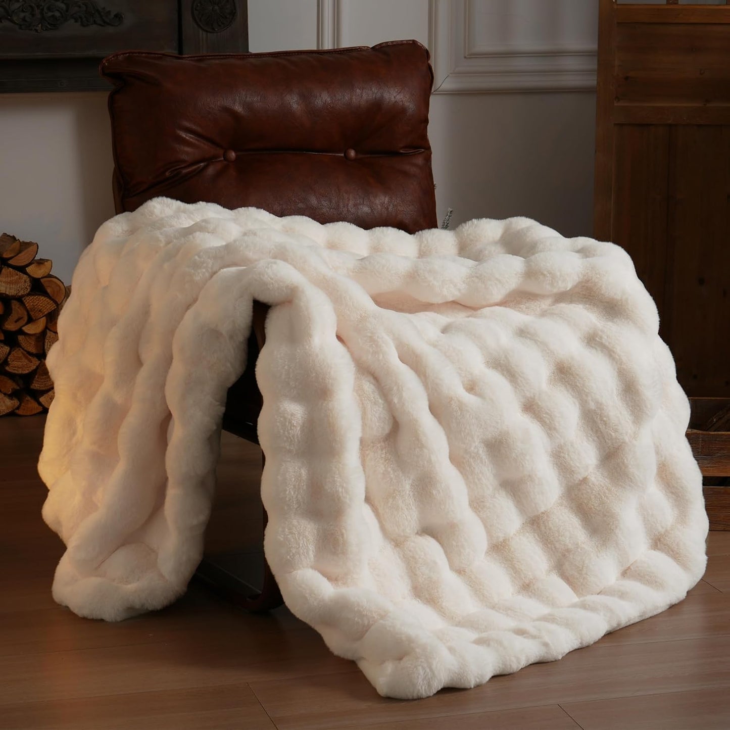 Luxurious Faux Fur Fleece Throw Blanket - Soft, Cozy, and Plush 51x63 Inches in White for Couch, Chair, and Bed