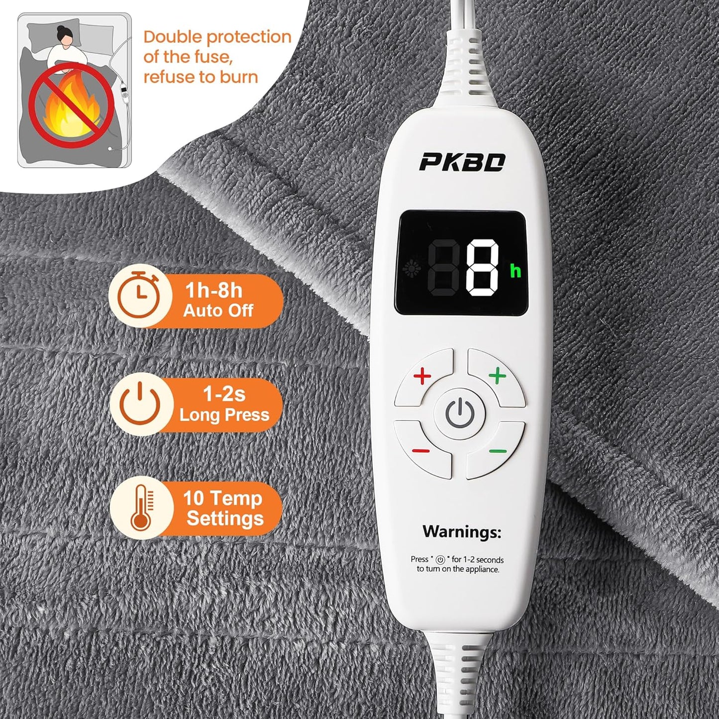 50" x 60" Electric Heated Blanket Throw with 10 Fast Heating Levels, 8-Hour Auto Shut-Off, Overheat Protection, and Machine Washable Two-Sided Flannel - Light Grey