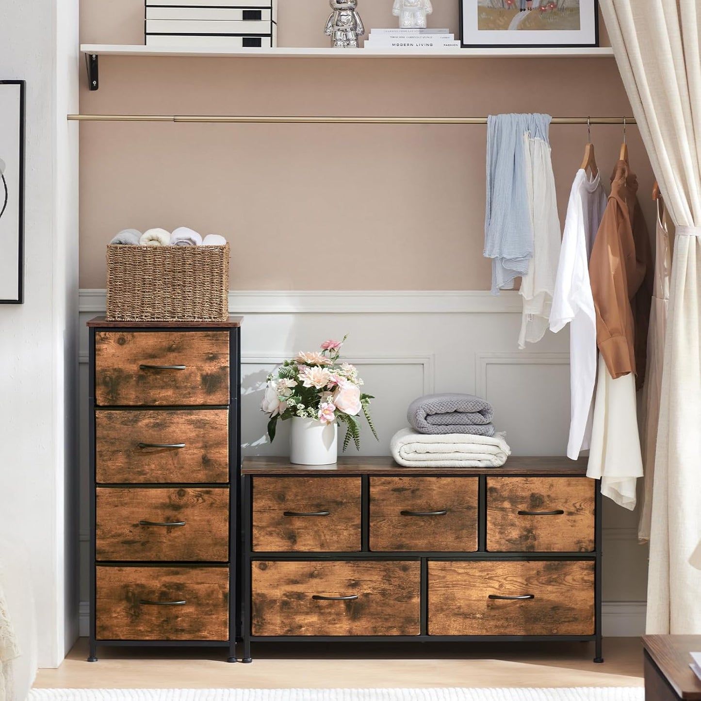 5-Drawer Dresser with Fabric Bins - Versatile Storage Organizer - Wood Grain Finish