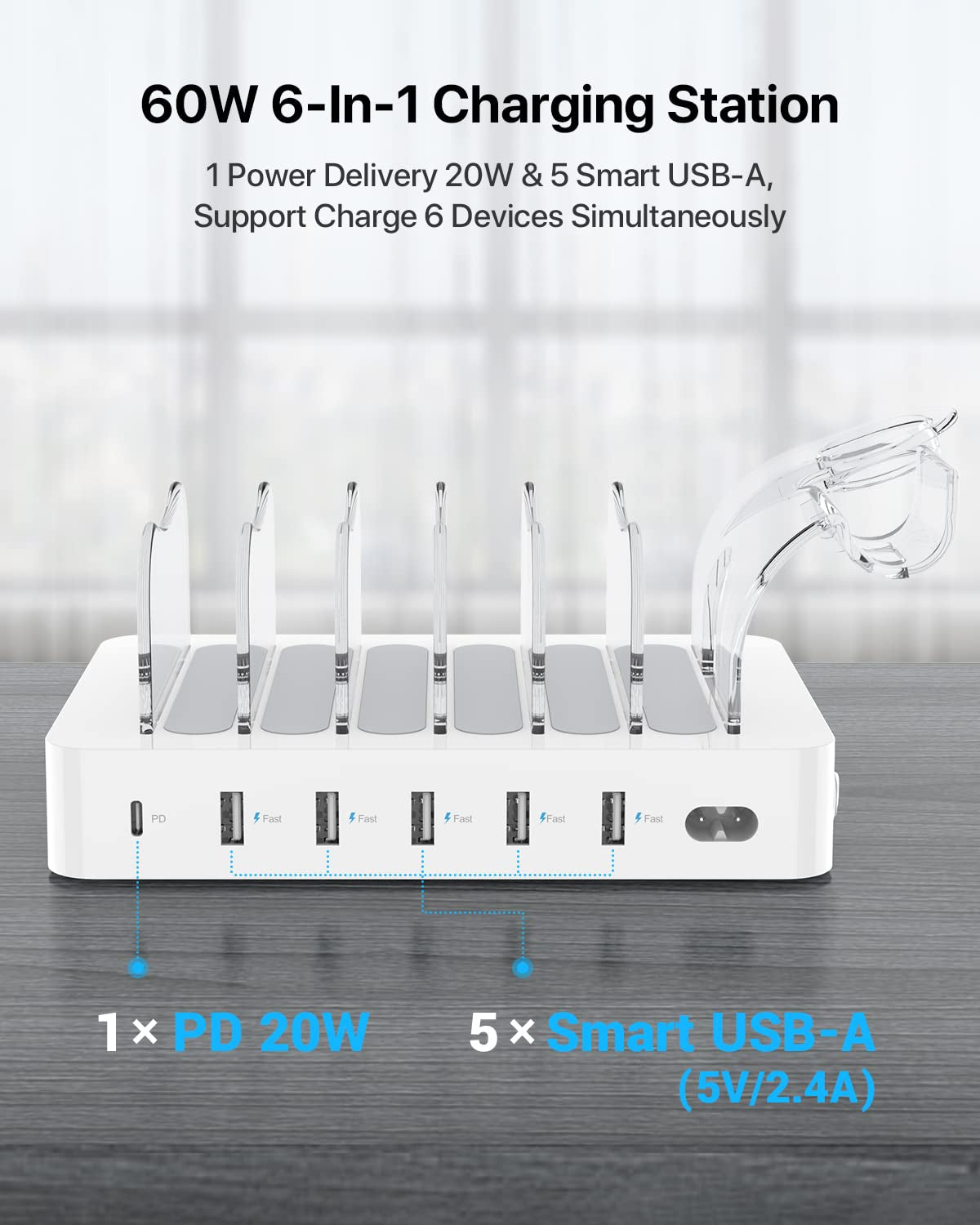 60W/12A 6-Port Charging Station with PD 20W USB-C Fast Charging - 6 Short Cables and 2-in-1 Holder, Compatible with Phones, Tablets
