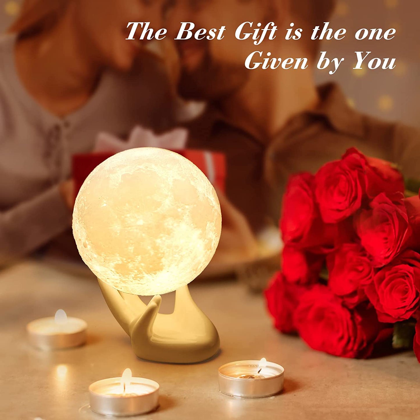 Moon Lamp-Home Décor, Mothers Day Gift with Brightness Control, Gift for Women, LED Night Light, Bedroom, Living Room, Kids Birthday Gift, Ceramic Hand Base, 3.5", White & Yellow
