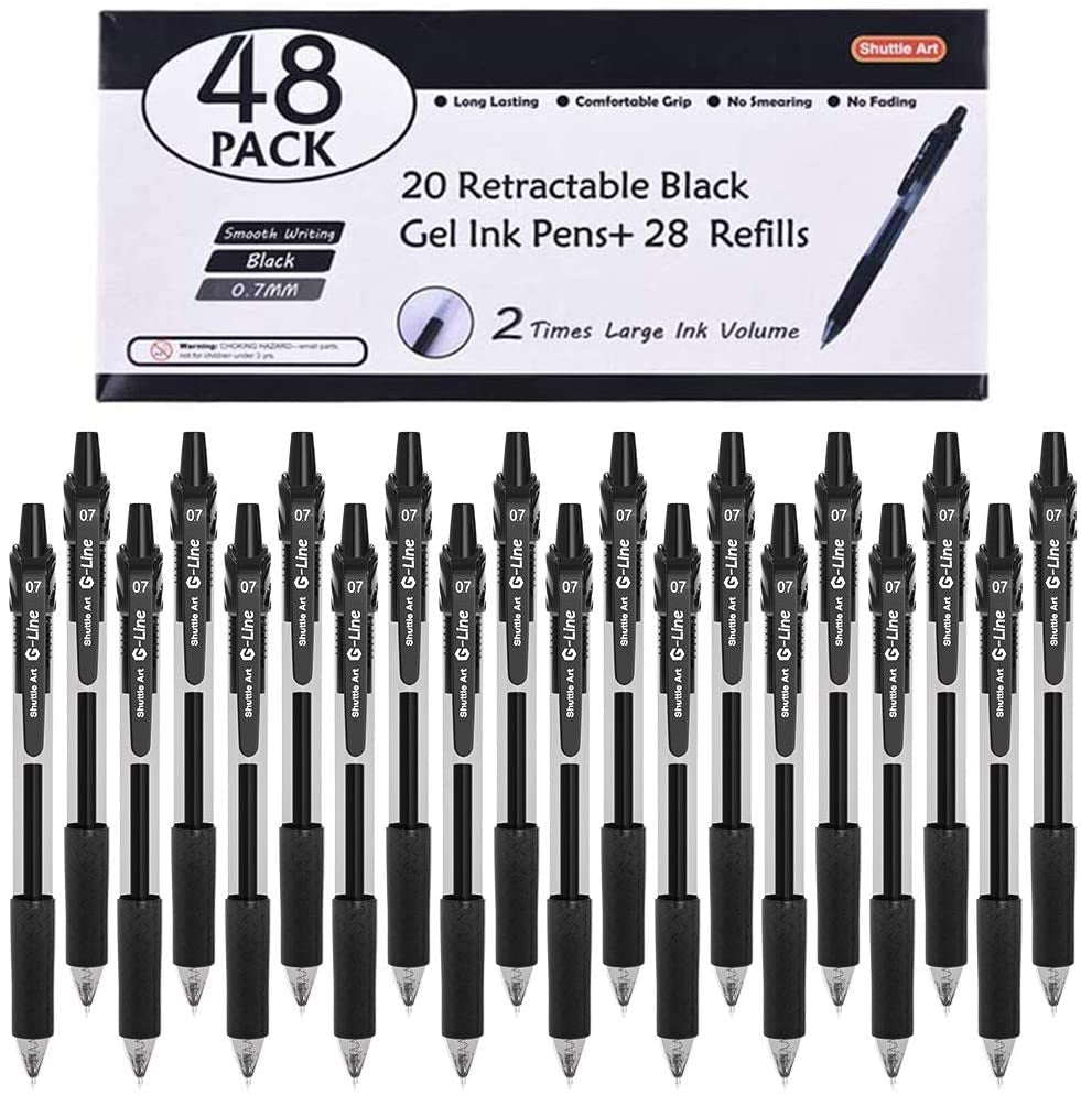 Black Gel Pens, 48 Pack(20 Gel Pens with 28 Refills) Retractable Medium Point Rollerball Gel Ink Pens Smooth Writing with Comfortable Grip for Office School Home Work