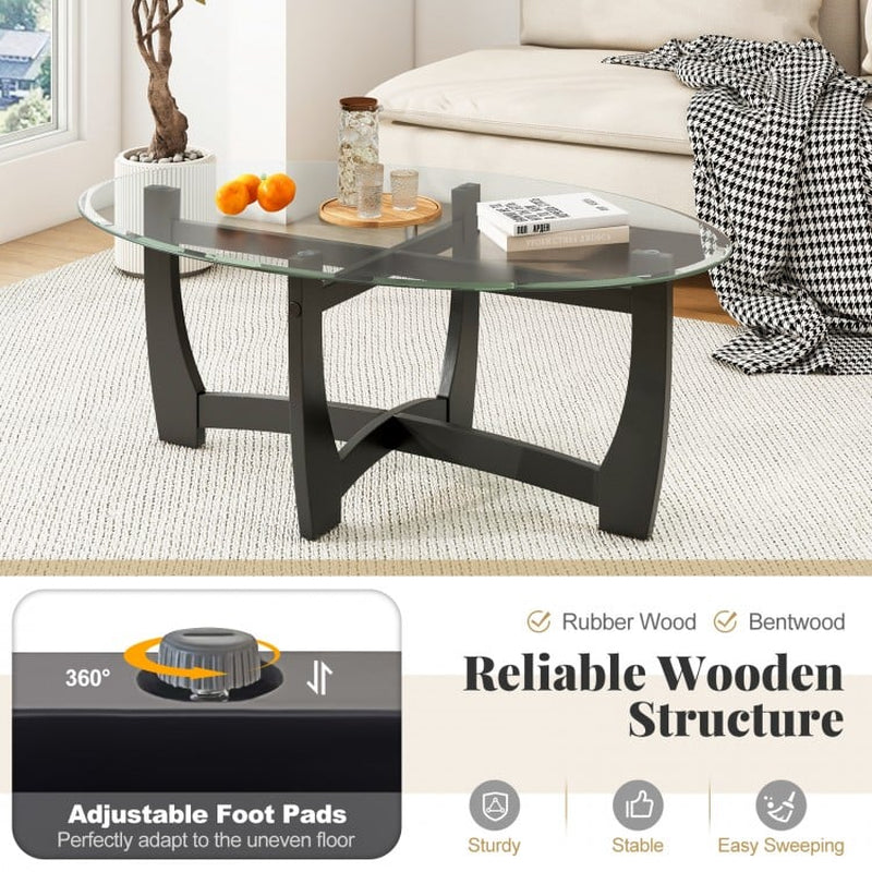 Oval Coffee Table Featuring Tempered Glass Top and Rubberwood Legs