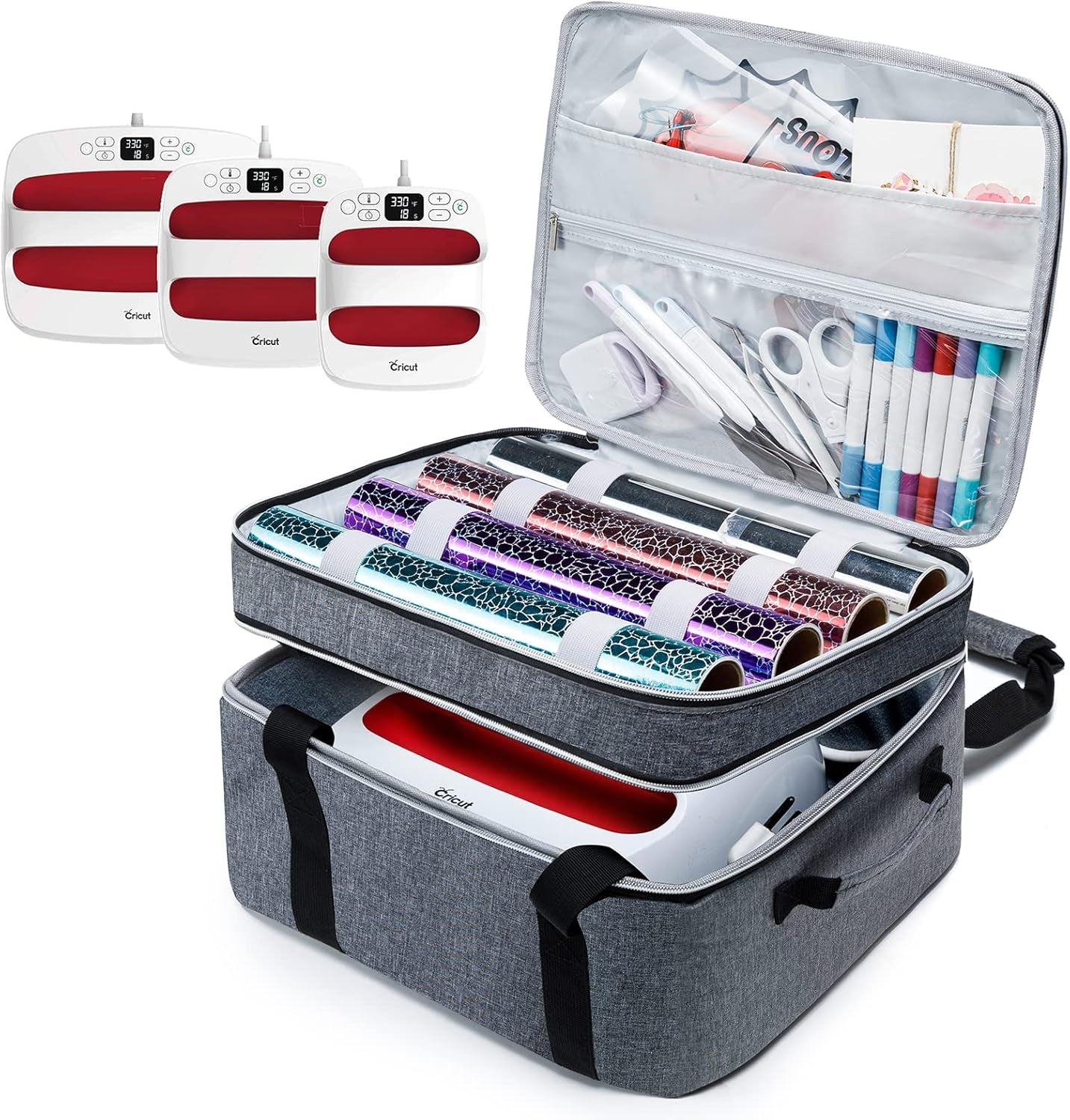 Double-Layer Carrying Case for Cricut EasyPress 2 (12"x10" and 9"x9") with Accessory Pocket and Heat Press Mat Compatibility