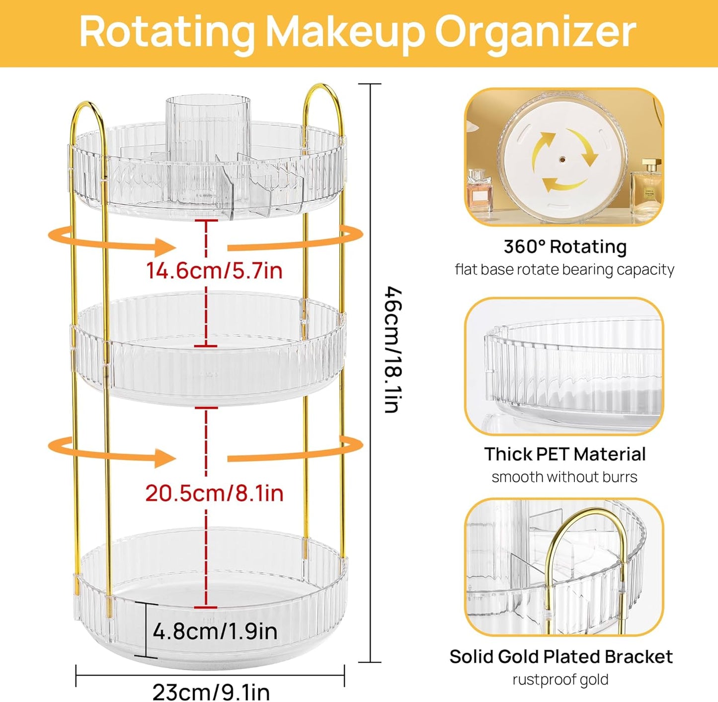 360° Rotating Makeup Organizer - 3-Tier Large Capacity Vanity and Bathroom Countertop Skincare and Cosmetics Storage Solution
