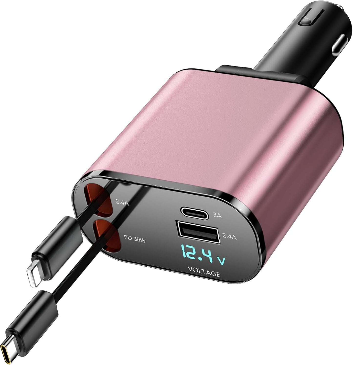 Retractable 4-in-1 Fast Charging Car Charger - 60W with Retractable Cable and Dual USB Ports