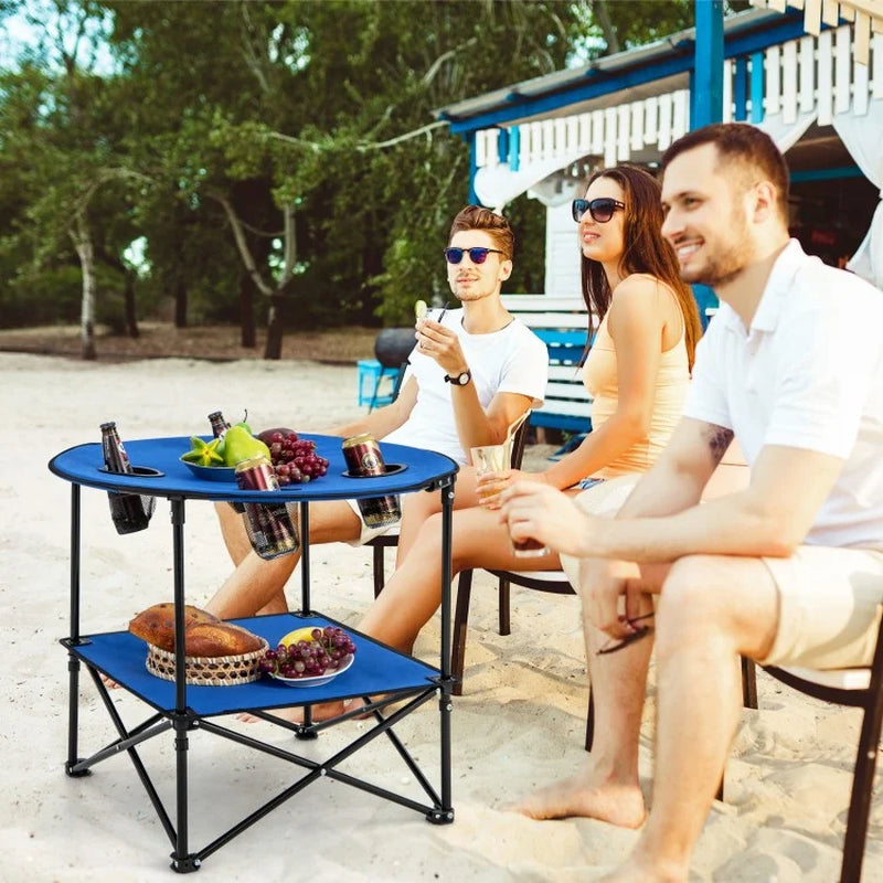2-Tier Portable Picnic Table with Carrying Bag and Four Cup Holders
