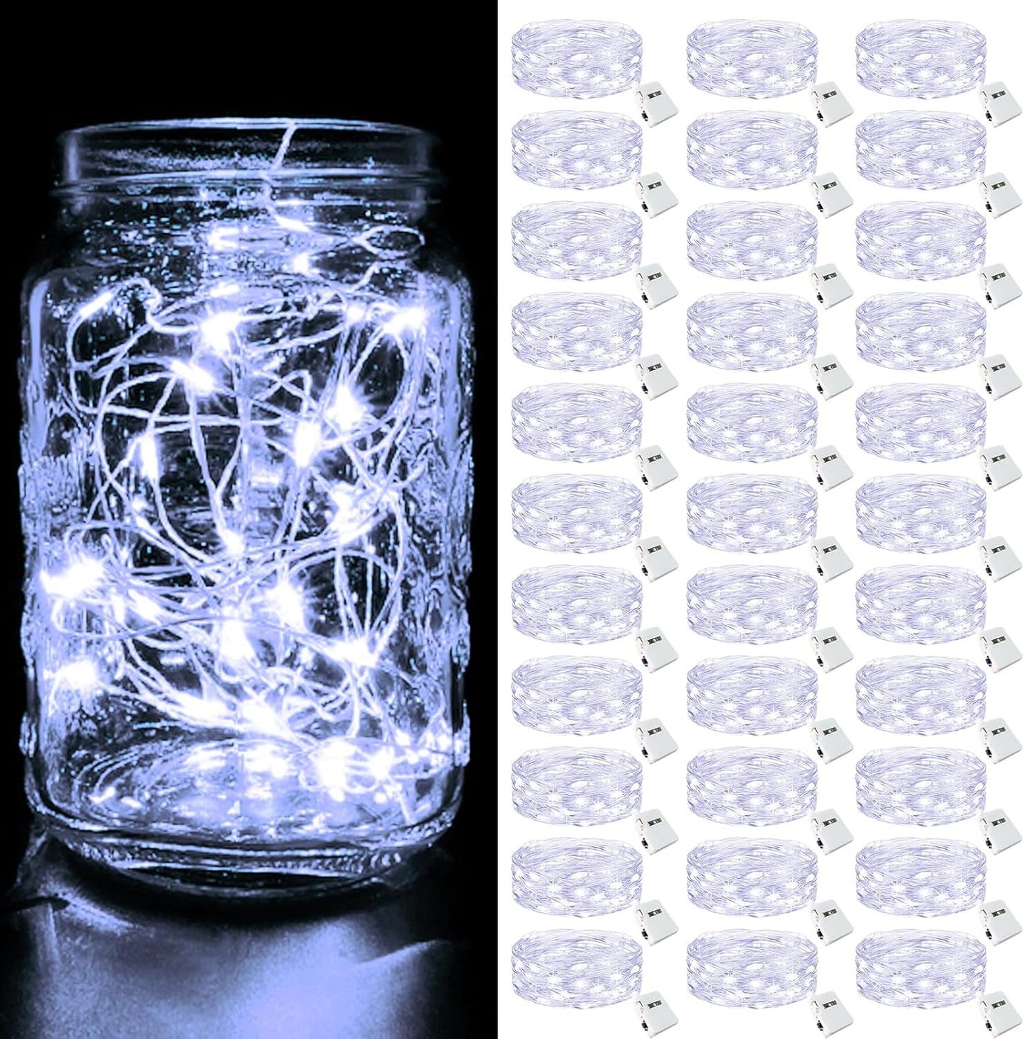 12-Pack 7FT 20LED Battery-Powered Fairy Lights with 3 Modes - Waterproof Silver Wire Mini String Lights for Indoor Mason Jar DIY, Wedding, and Christmas Decor in Warm White