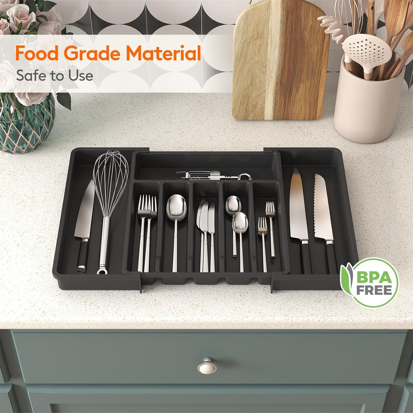 Expandable Cutlery Drawer Organizer - BPA-Free Adjustable Utensil Tray for Kitchen Storage, Large Black Flatware and Silverware Holder