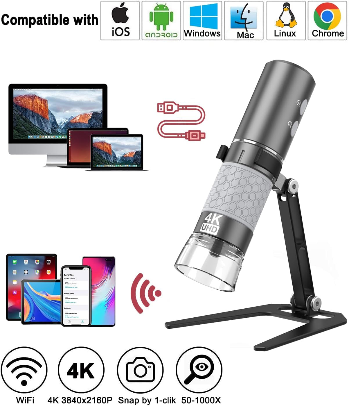 Wireless Digital Handheld Microscope - 4K Camera, 50-1000X Magnification, and Metal Stand for iPhone, iPad, Android, Mac, Windows, and Linux