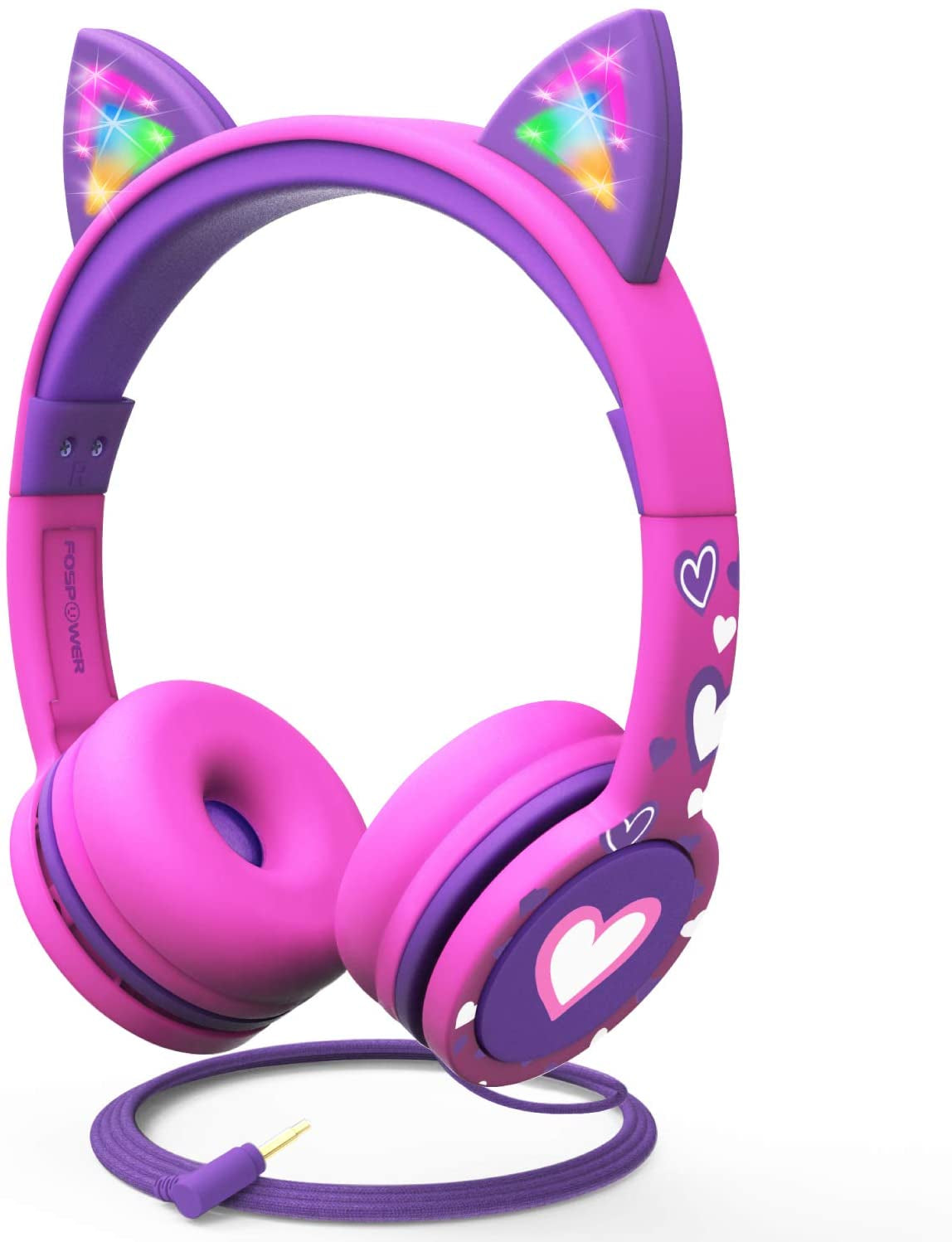 Children's Wired Headphones with LED Cat Ears and Safe Volume Limit (85 dB) - Tangle-Free 3.5mm On-Ear Design for School and Travel - Hot Pink/Purple