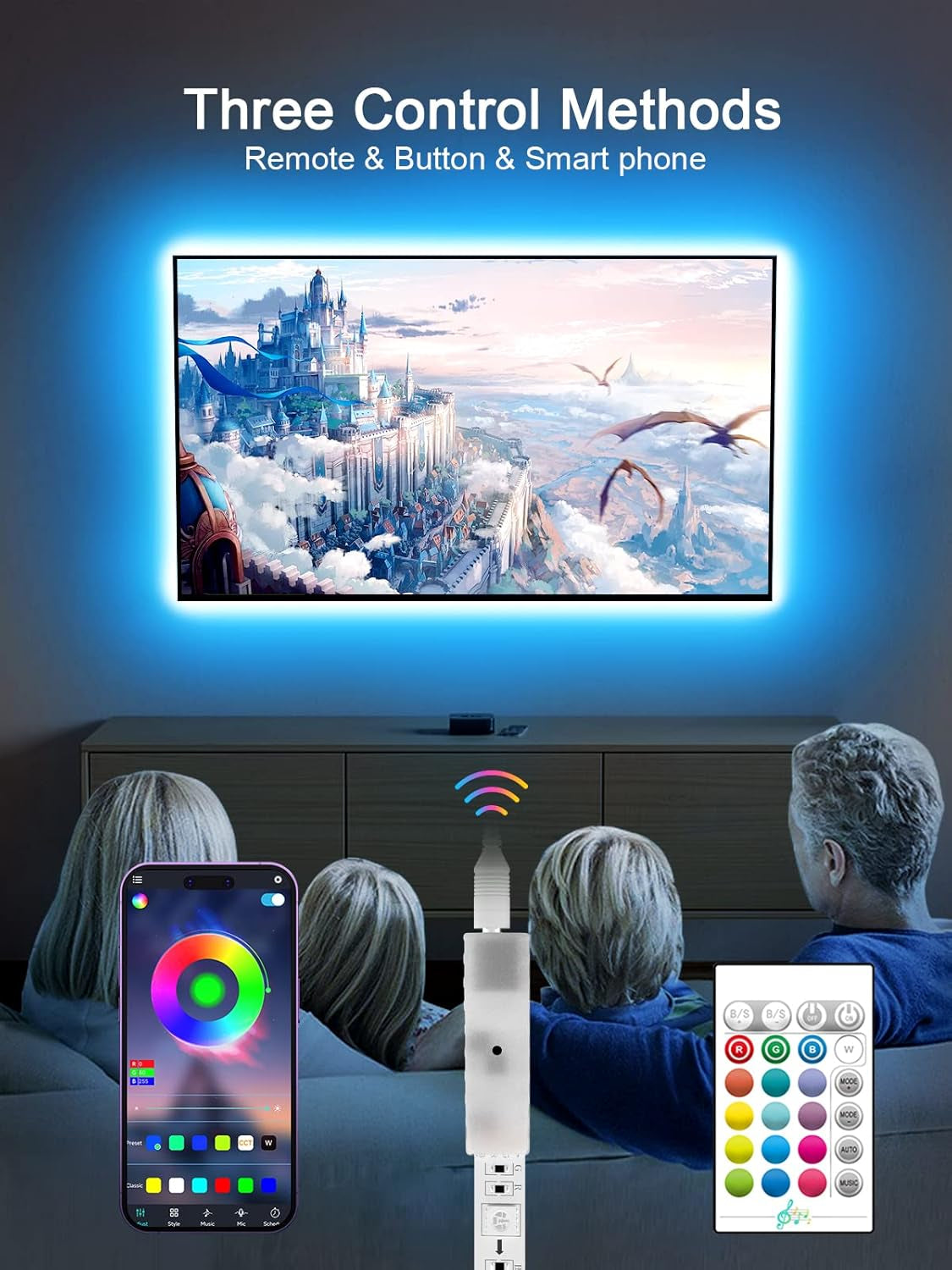 LED Backlight for TVs, 11.4Ft RGB Strip Lights for 32-50 Inch Monitors, Remote and Bluetooth APP Control, Music Sync, USB Powered Room Decoration