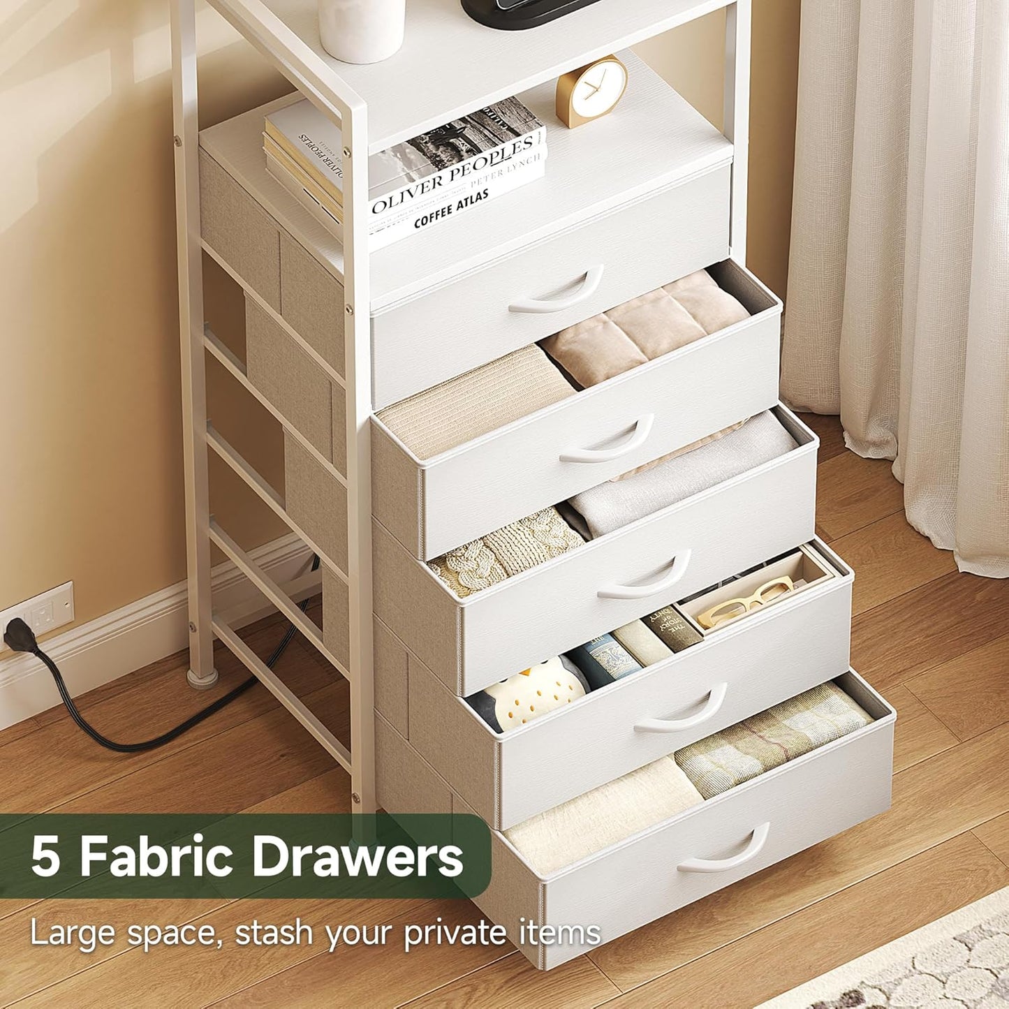 Elegant White Nightstands - 5 Storage Drawers, Tall Bedroom Dresser, LED Light Charging Station, Shelf Side Table, Metal Frame