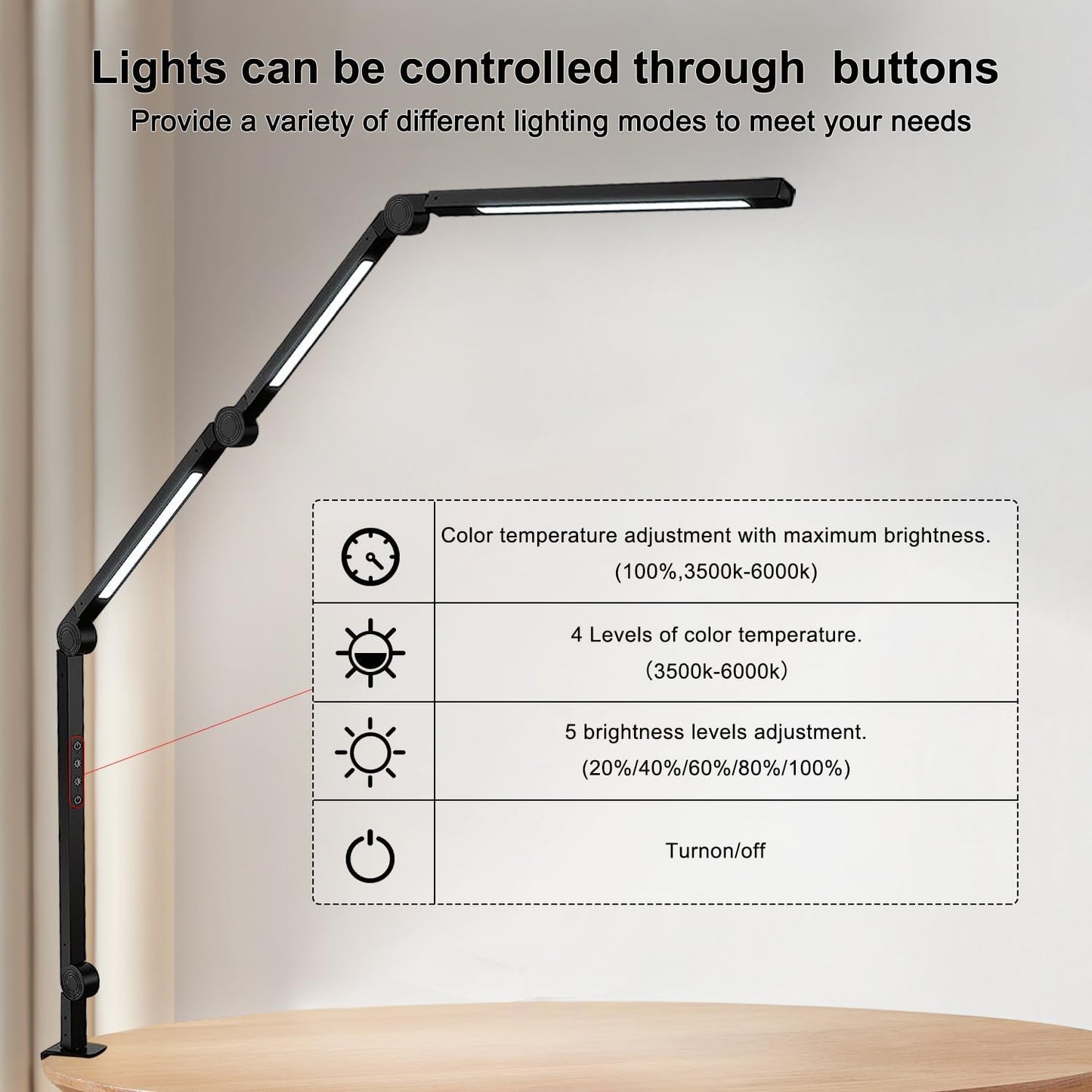 LED Desk Lamp with Clamp, Flexible 4-Section Swing Arm, Three Light Sources, 4 Color Modes, 5 Brightness Levels, Memory Function