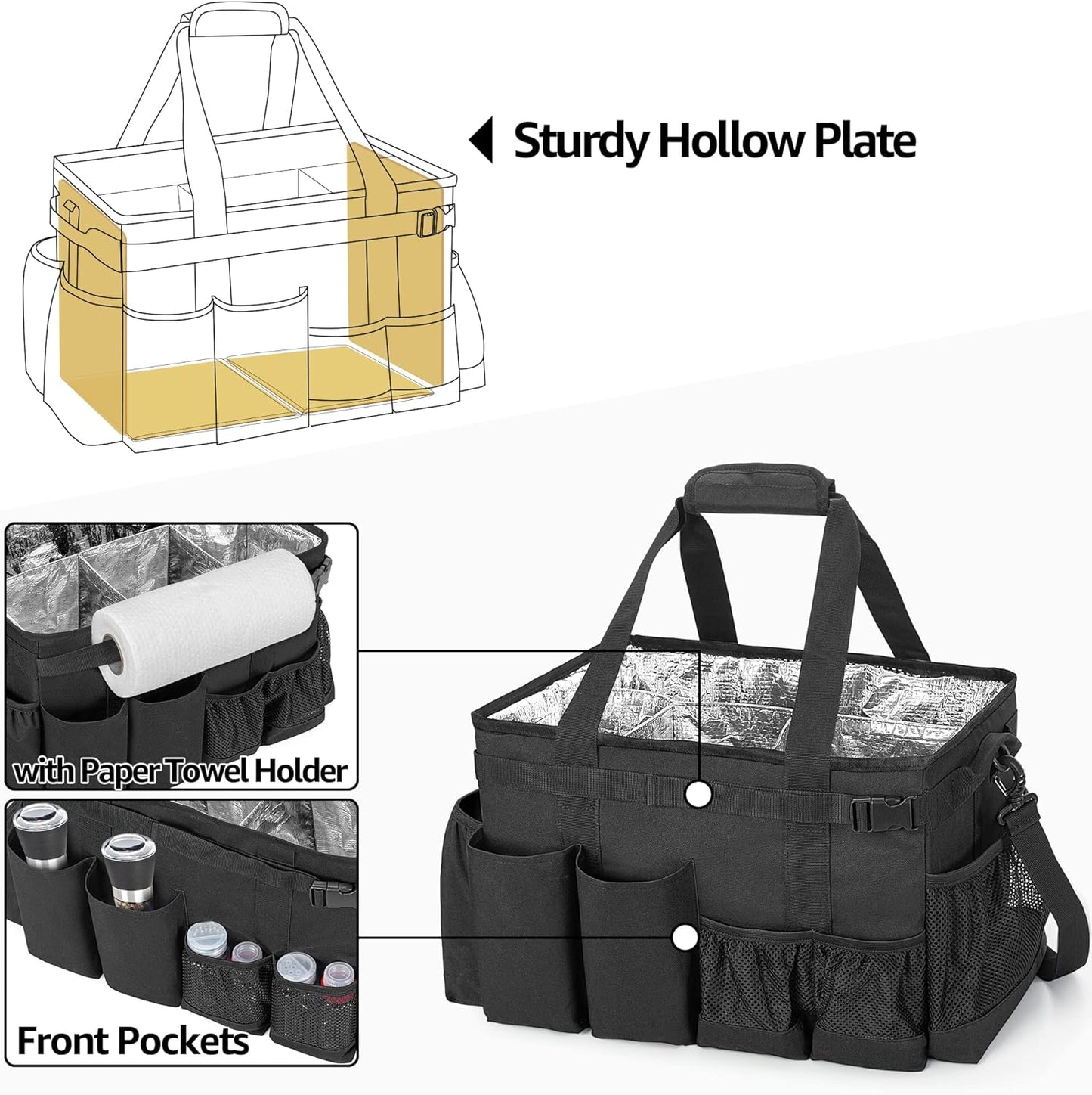 Large Grill Utensil Caddy with Paper Towel Holder - Collapsible Picnic Bag Organizer for BBQ Supplies, Black (Bag Only)