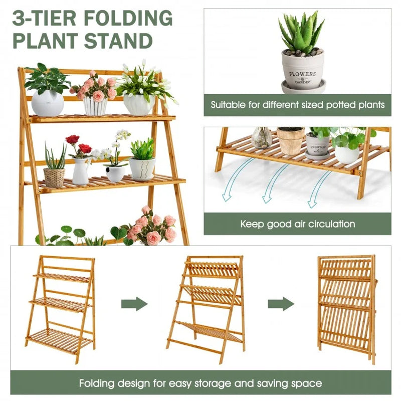 Foldable 3-Tier Bamboo Plant Stand Display Shelf for Balconies