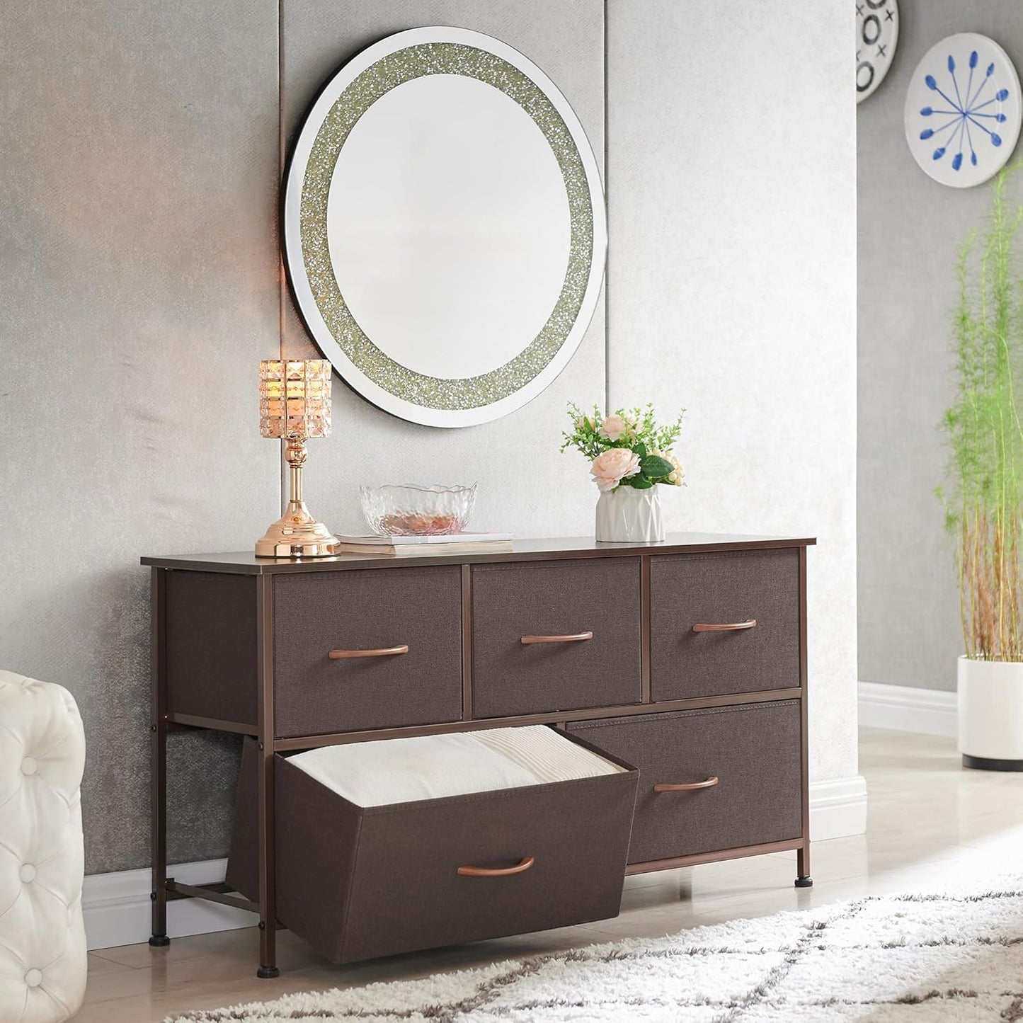 5-Drawer Dresser in Coffee Brown with Removable Fabric Bins for Versatile Storage