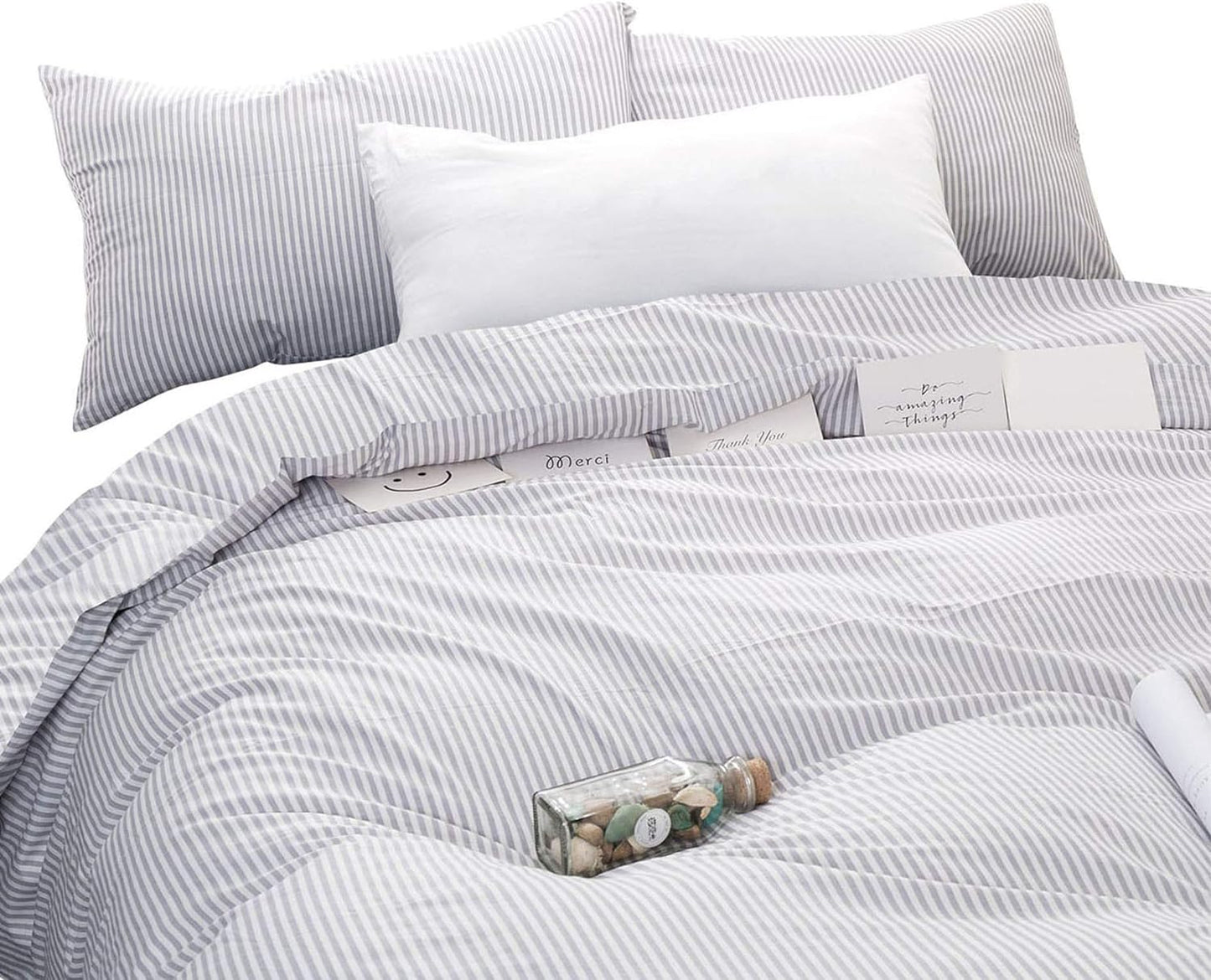 - Striped Duvet Cover Set, 100% Cotton Bedding, Gray Grey Vertical Ticking Stripes Pattern Printed on White, with Zipper Closure (3Pcs, Full Size)