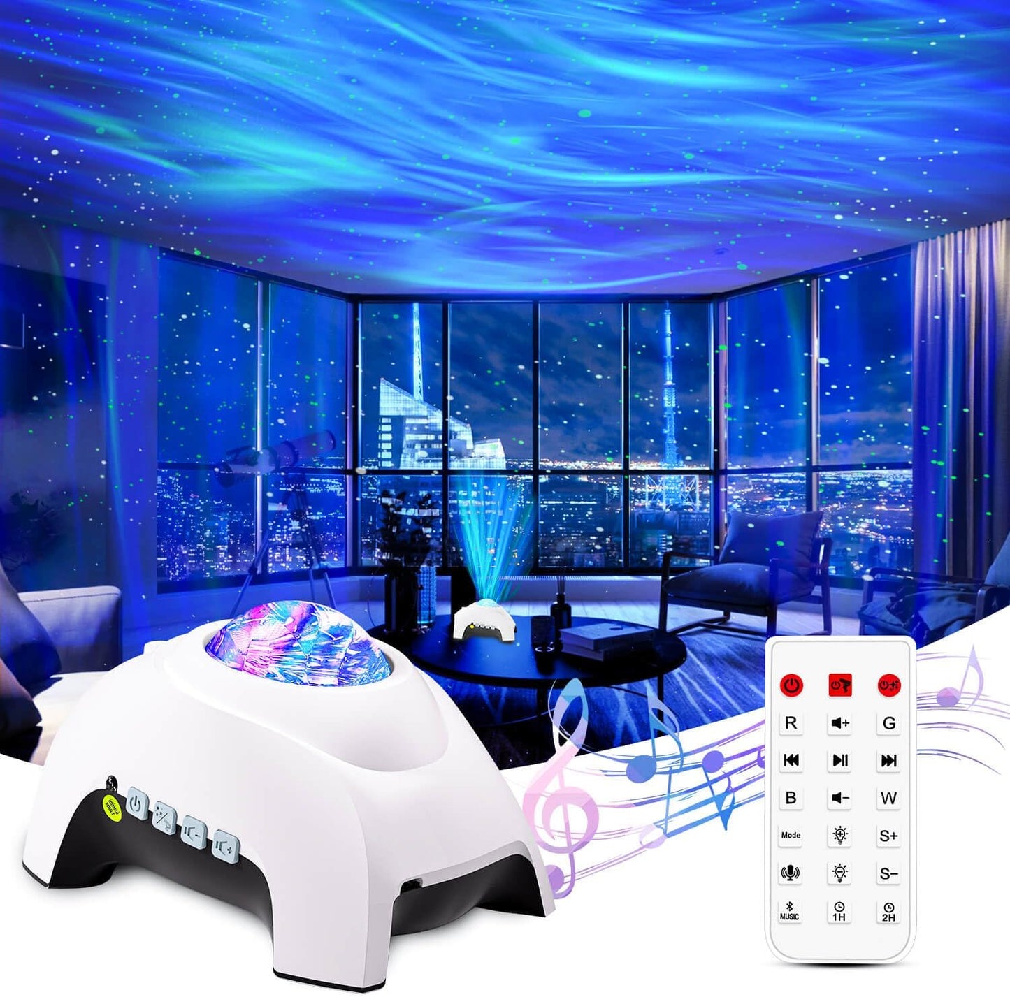 Northern Lights Aurora Projector and Bluetooth Music Speaker with White Noise, Galaxy Light with Remote Control (Black)