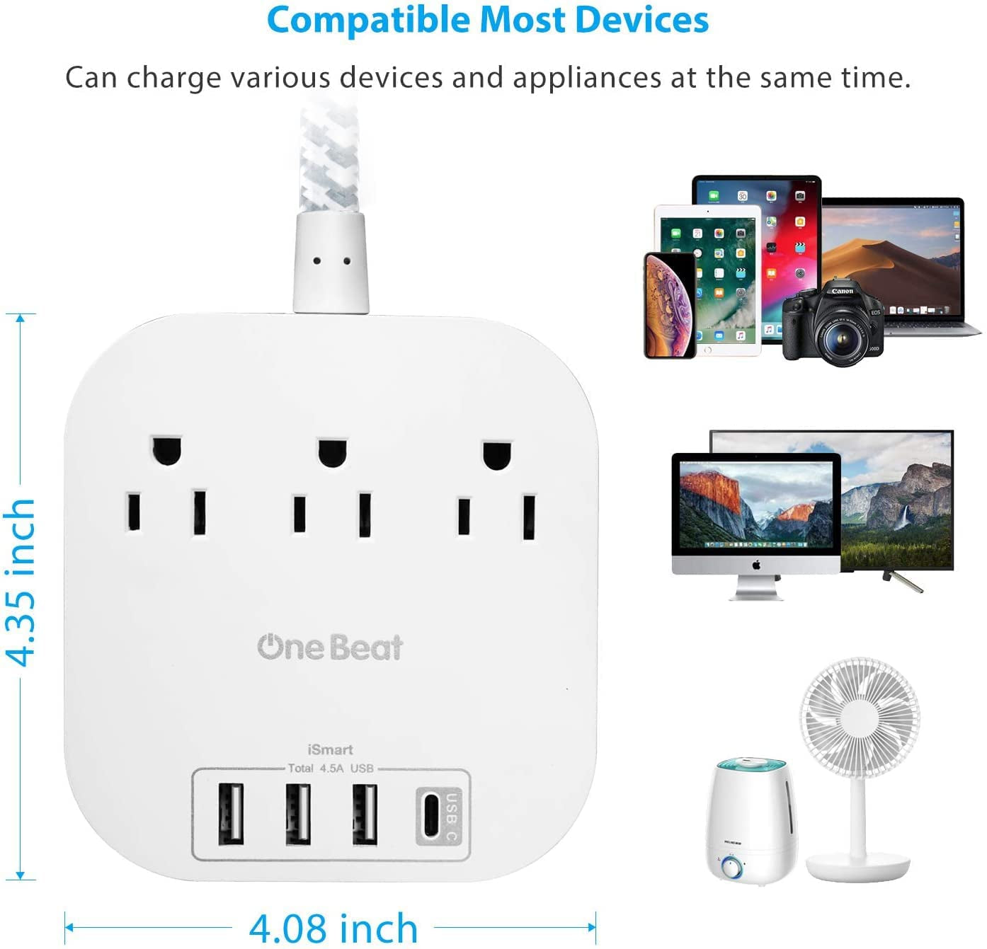 Power Bar Power Strip with USB-C, 3 Outlets and 4 USB Ports, Flat Plug Braided Extension Cord, Non-Surge Protector for Travel and Cruise Ships (5FT)