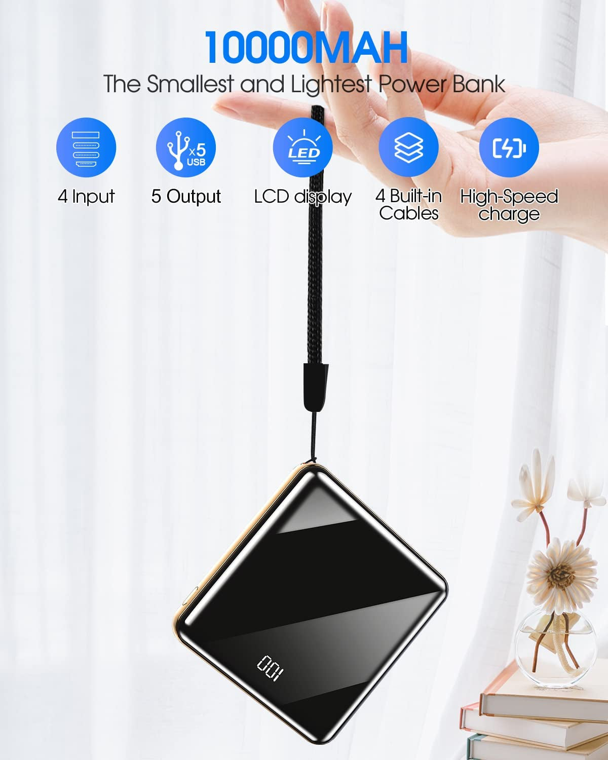 10000mAh Slim Portable Charger with Integrated Cables and LED Display - Versatile External Battery Pack with 4 Inputs and 5 Outputs