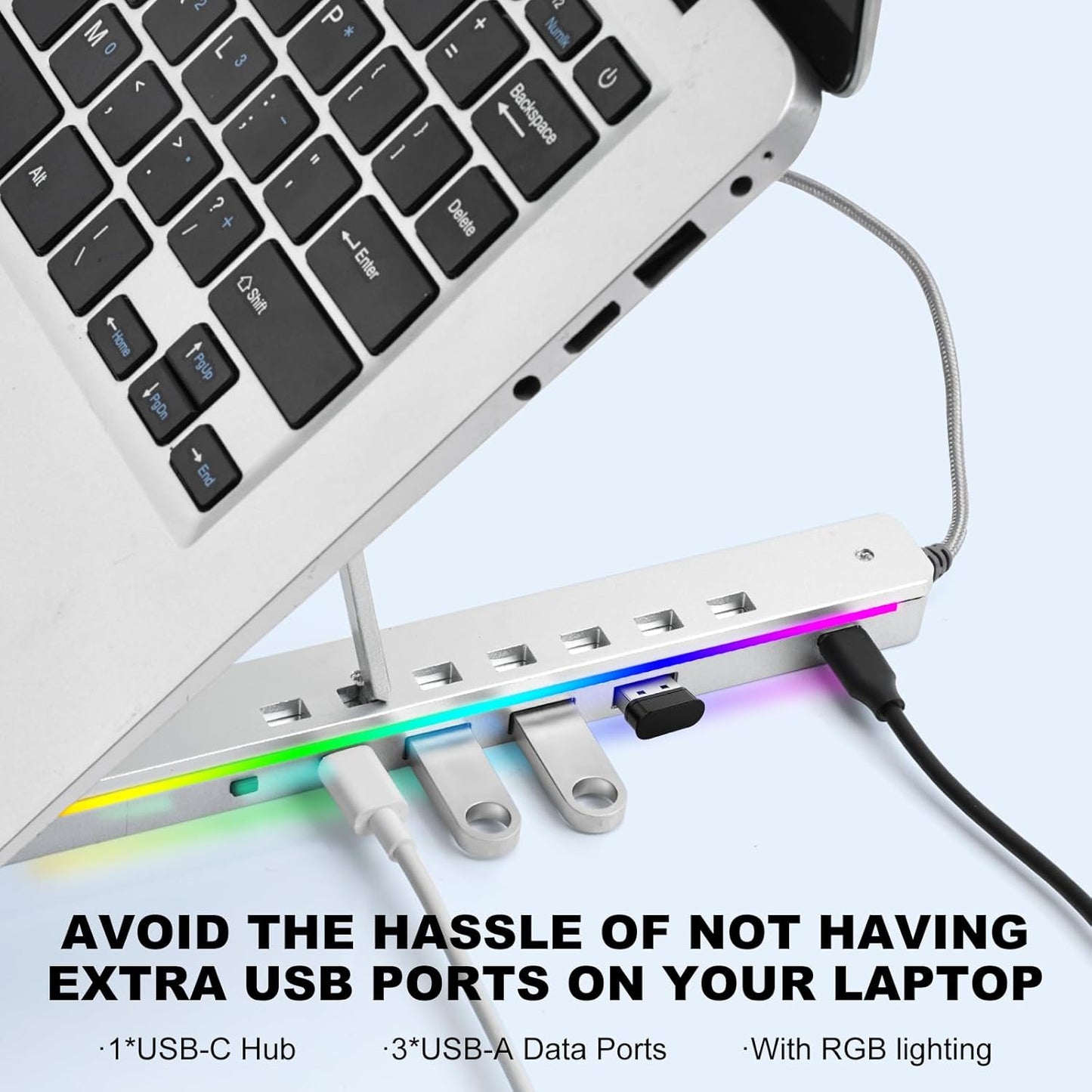 Laptop Stand with Usb、Type C and RGB Lights, Aluminum Adjustable Foldable Laptop Stand for Desk, Ergonomic Portable Laptop Riser Holder