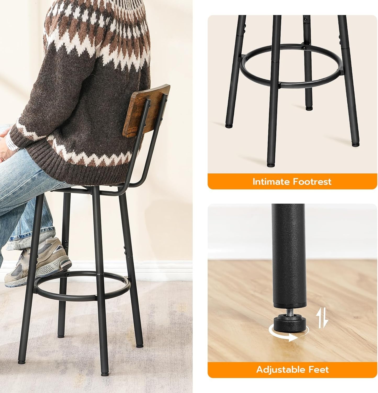 Set of 2 Adjustable Bar Stools with Footrest and Backrest, Rustic Brown and Black, Easy Assembly for Kitchen, Living Room, Bar