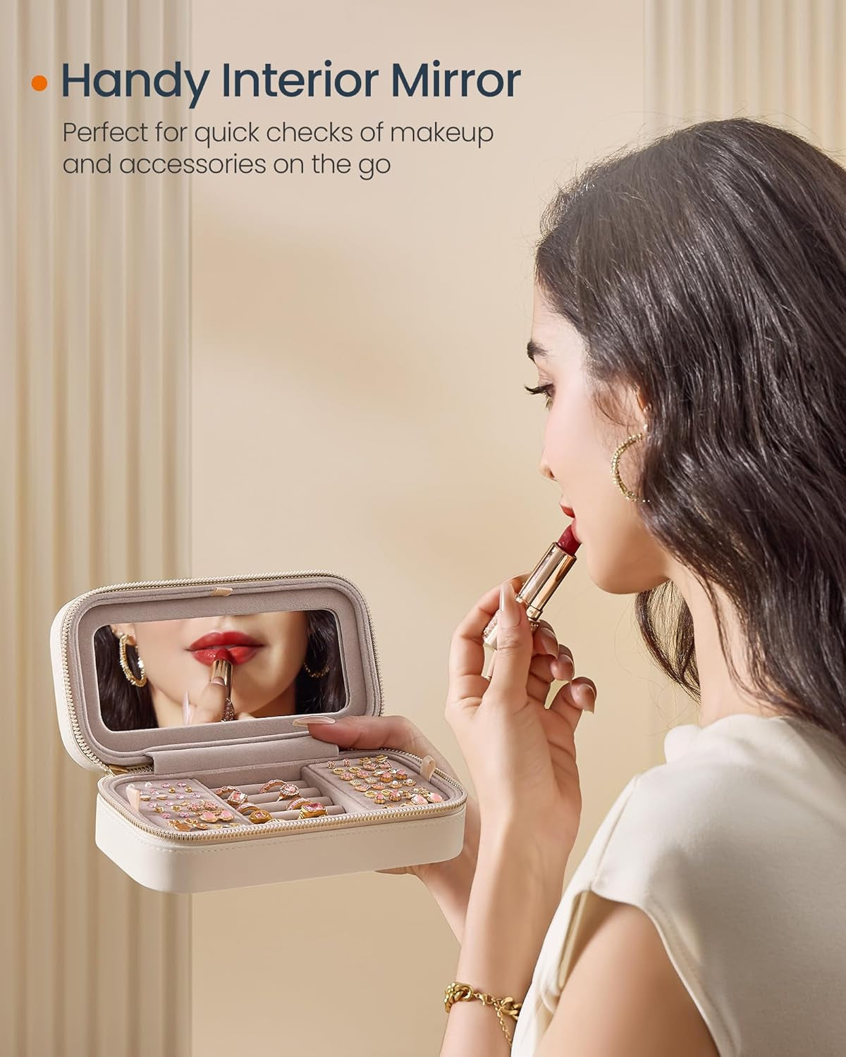 Travel Jewelry Box - Compact Jewelry Organizer with Mirror, PU Leather with Stitching, Portable Design, Zipper Closure