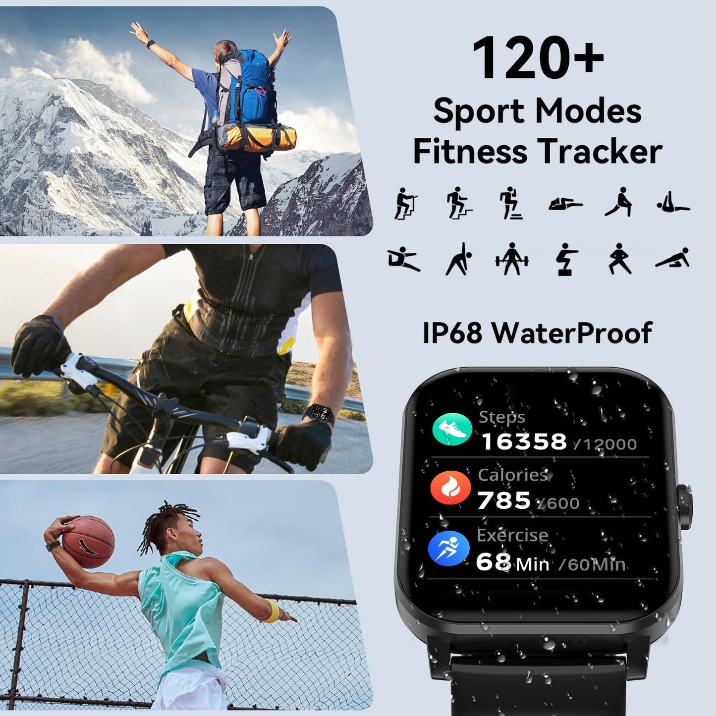 Smart Watch for Men Women with Bluetooth Call, Activity Tracker Compatible with Ios/Android Phones, 1.85" HD Screen Fitness Watch with Heart Rate/Sleep/Spo2 Monitor, 100+ Sports Modes(Black)
