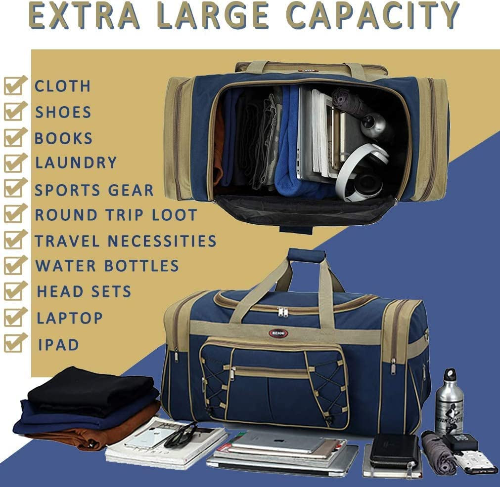 Extra Large Lightweight Oxford Travel Duffle Bag for Men and Women - Waterproof Weekender Overnight Carry-On Luggage (26", Blue Gold)