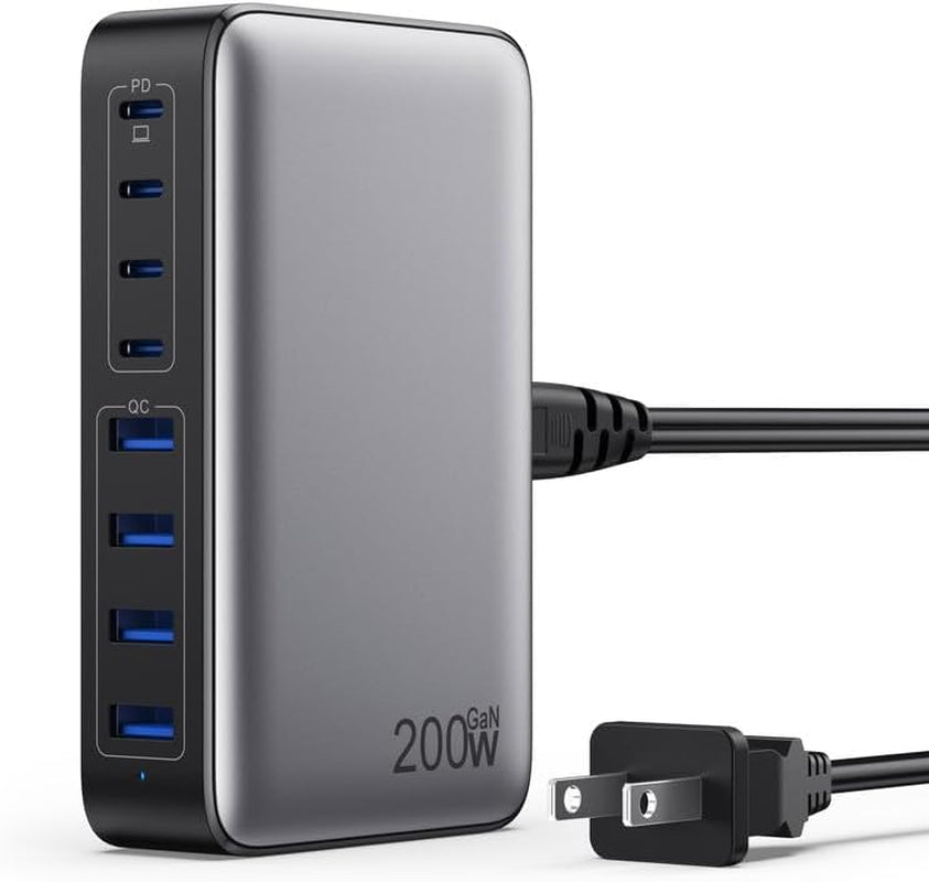 200W USB-C Fast Charging Station with 8 Ports, GaN III Technology, 65W Laptop Charger Adapter - Black