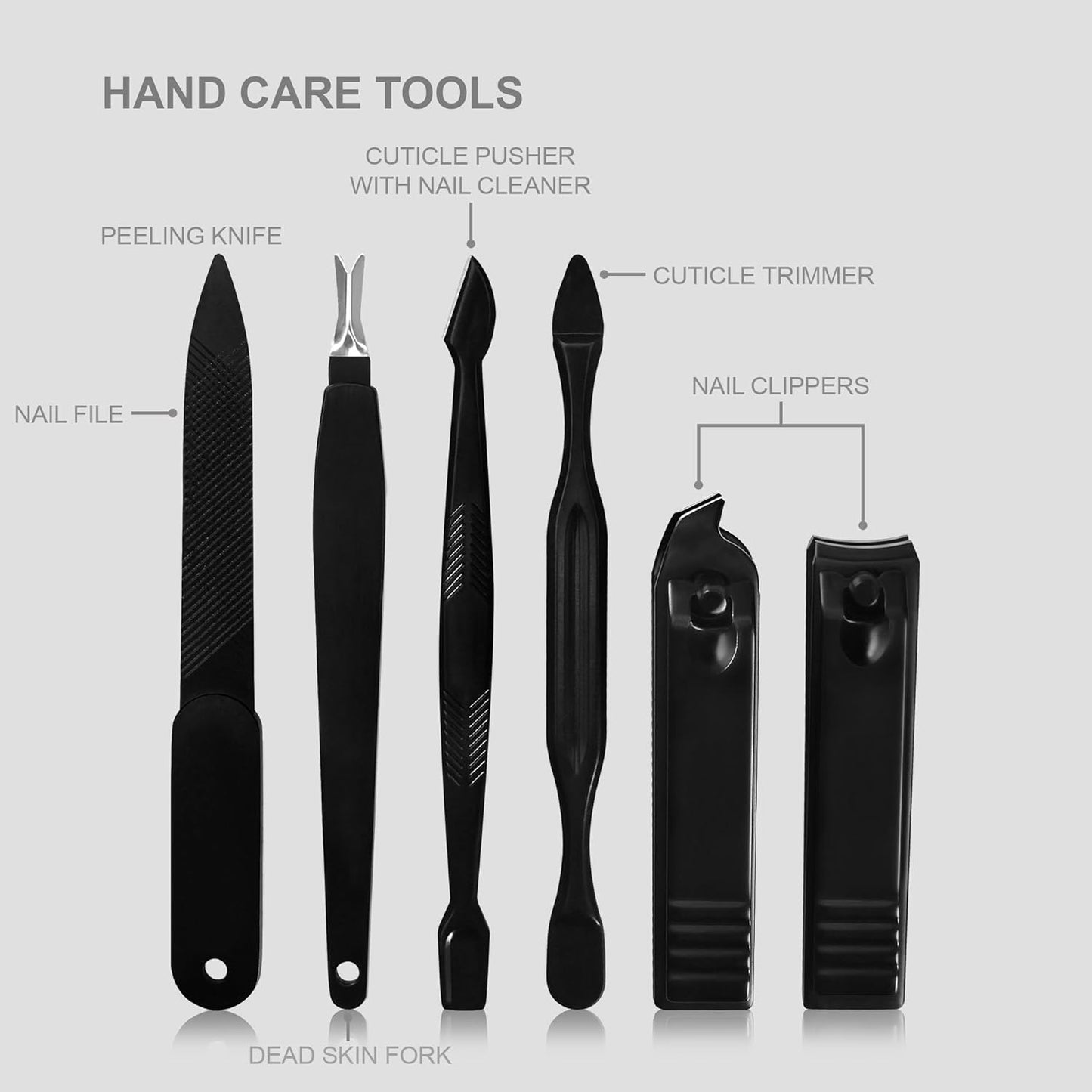 15-in-1 Professional Stainless Steel Manicure and Pedicure Set - Portable Grooming Kit Nail Care (Black)