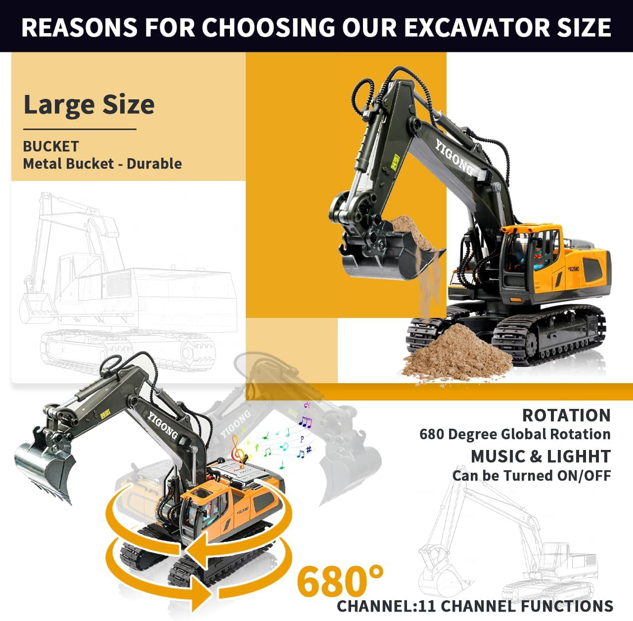 Remote Control Excavator Toy for Boys Ages 4+, RC Construction Vehicle-Metal Shovel, Lights, Sounds, 2.4GHz, 680-Degree Rotation
