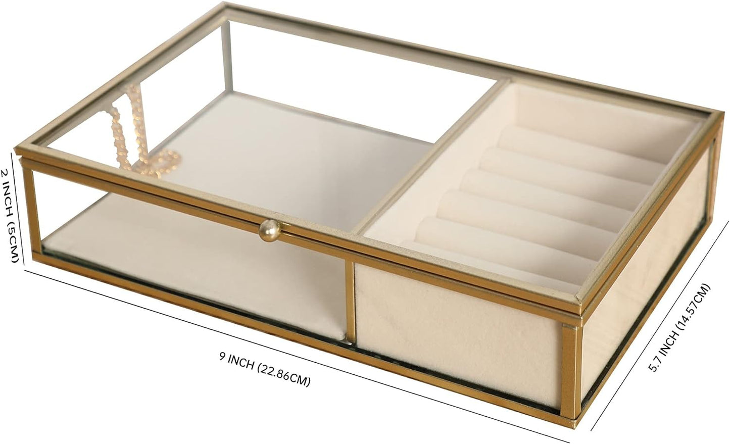 Elegant Glass Jewelry Box with Gold Metal Frame, Velvet Tray, and Trinket Chest - Clear Keepsake Display Case