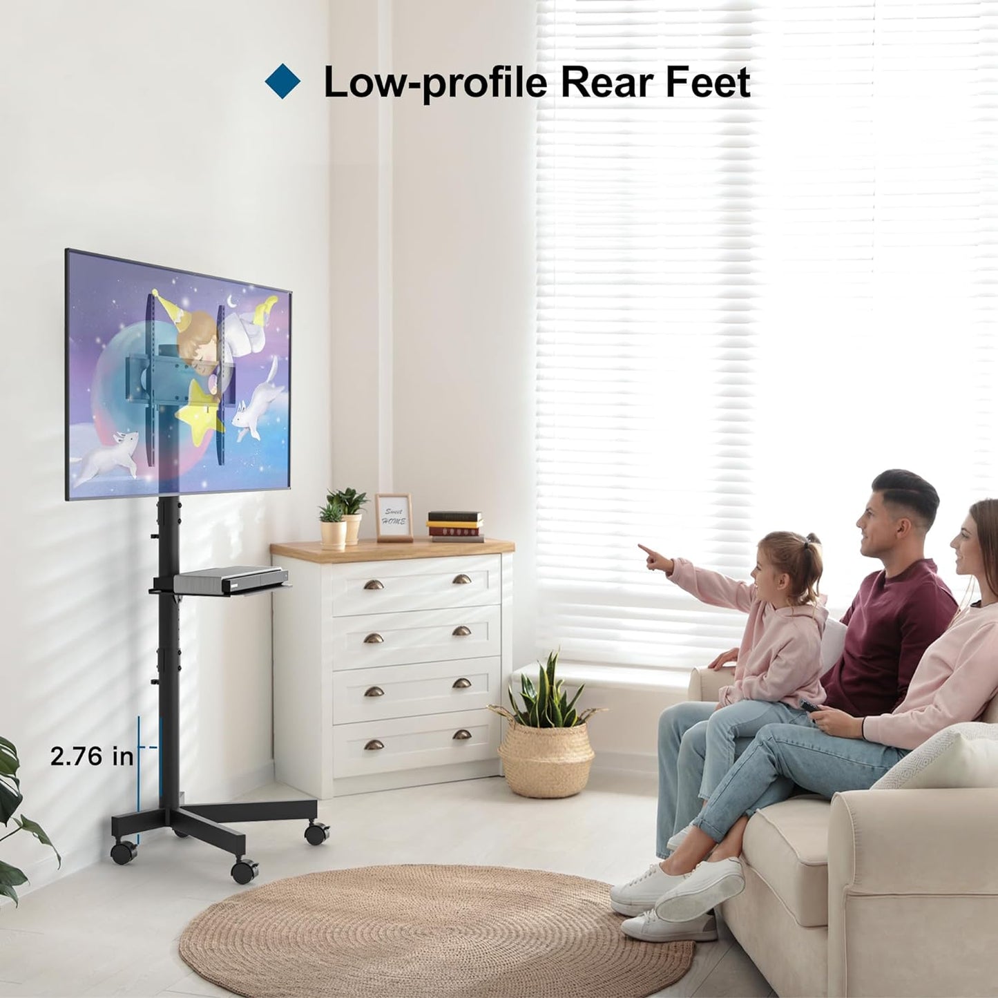 Mobile TV Stand with Adjustable Height for 23-60 Inch Screens, Rolling Locking Wheels and Media Shelf, VESA (75x75mm to 400x400mm), 88 lbs- Black