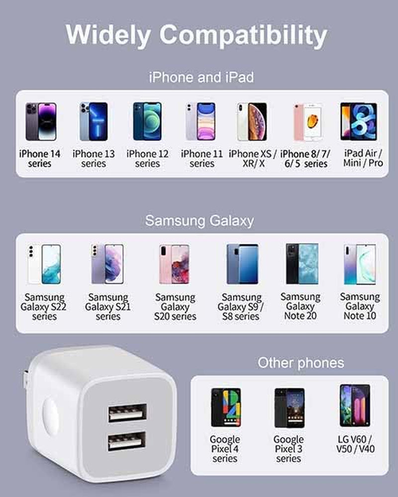 3-Pack 2.1A Dual Port USB Wall Charger - Power Adapter for iPhone, Samsung, Moto, LG, and Android Devices