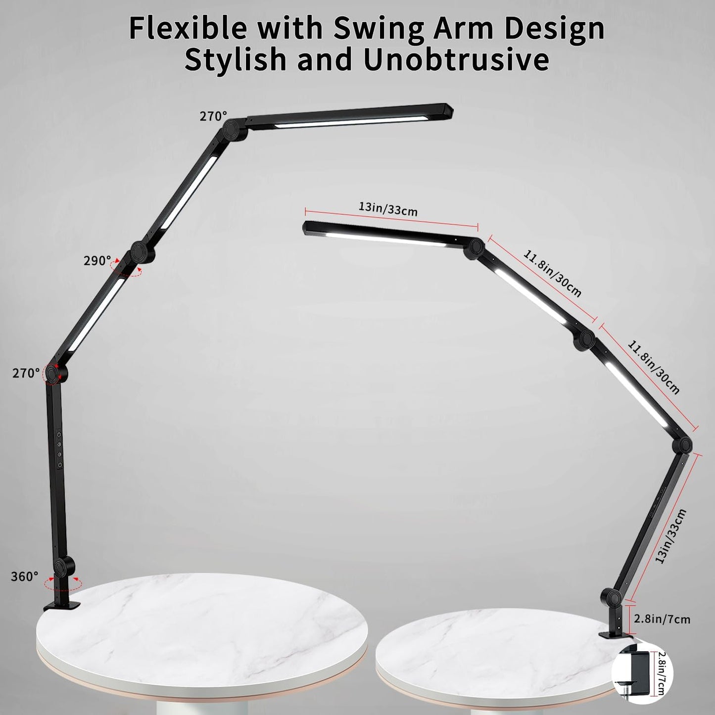 LED Desk Lamp with Clamp, Flexible 4-Section Swing Arm, Three Light Sources, 4 Color Modes, 5 Brightness Levels, Memory Function