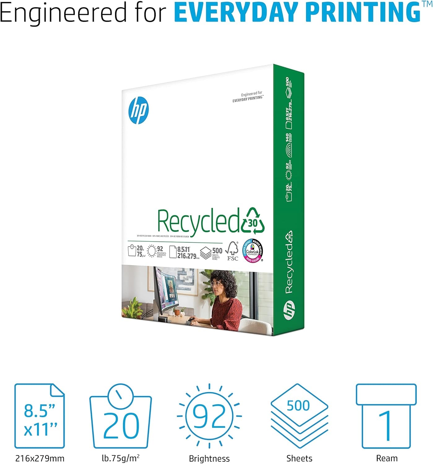 HP 8.5x11 Recycled Printer Paper, 20 lb, 30% Postconsumer Content, 500 Sheets per Ream, 92 Bright, FSC Certified, Made in USA