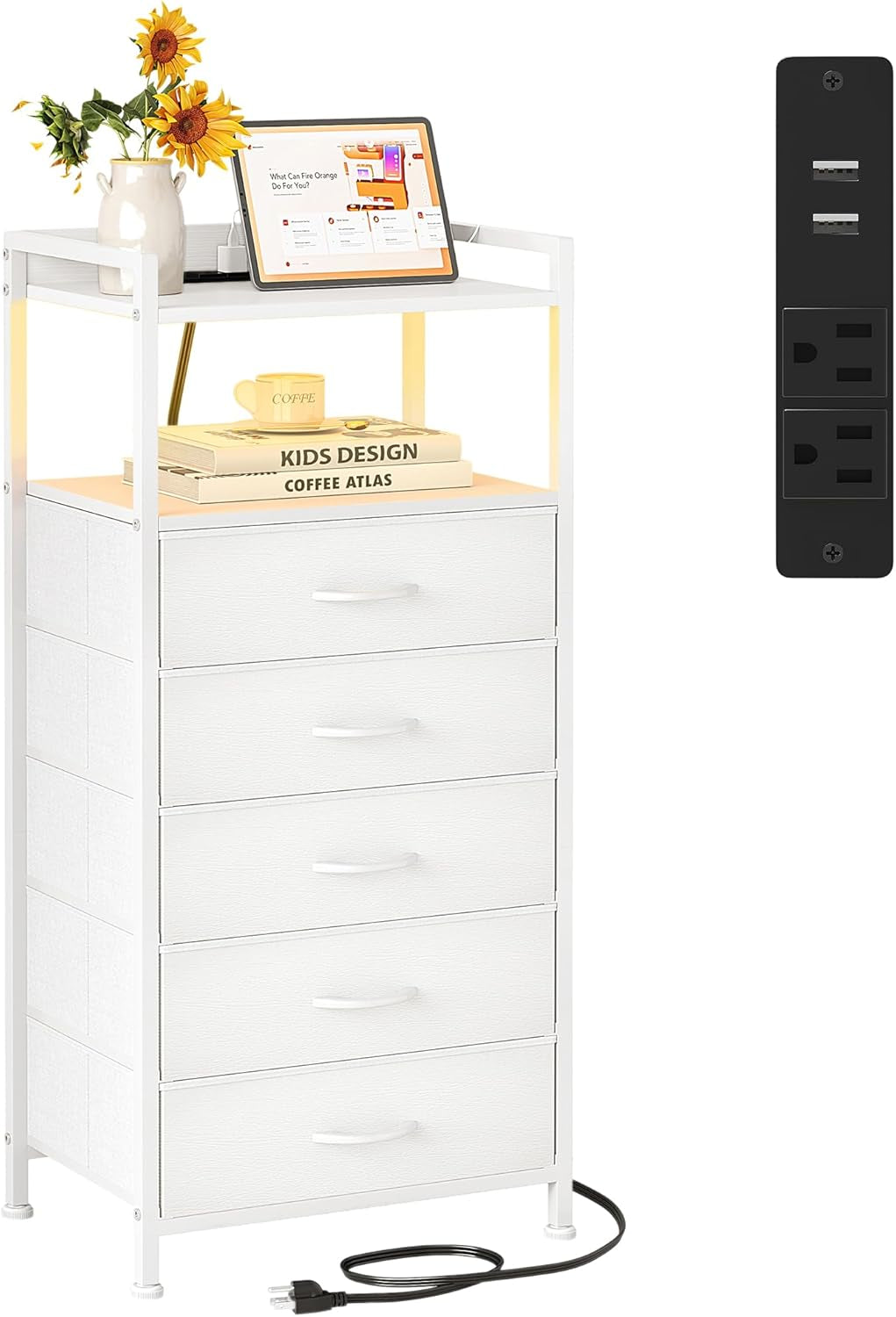 Elegant White Nightstands - 5 Storage Drawers, Tall Bedroom Dresser, LED Light Charging Station, Shelf Side Table, Metal Frame