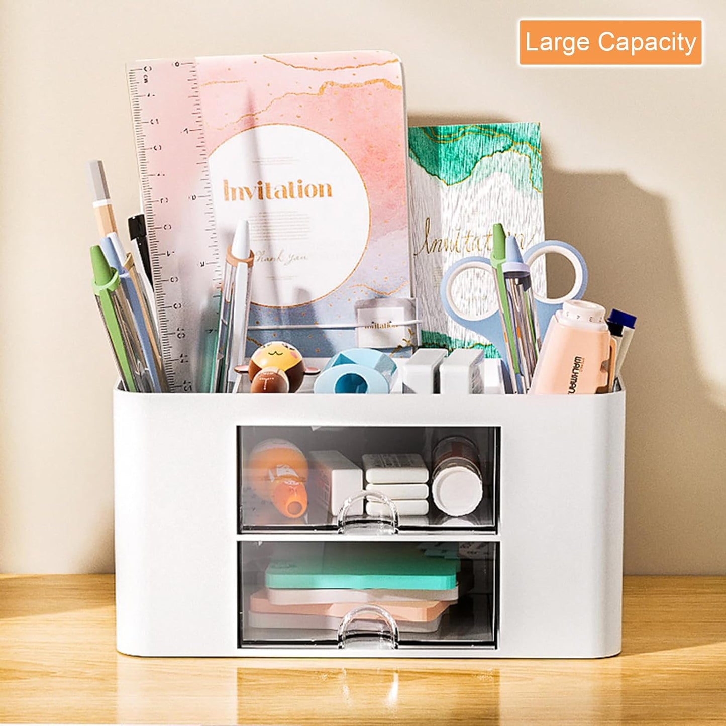 4-Section Drawer Organizer with Dual Pen Holders for Desktop Storage - Versatile Plastic Makeup and Desk Organizer for Home, School, and Office Supplies (White)