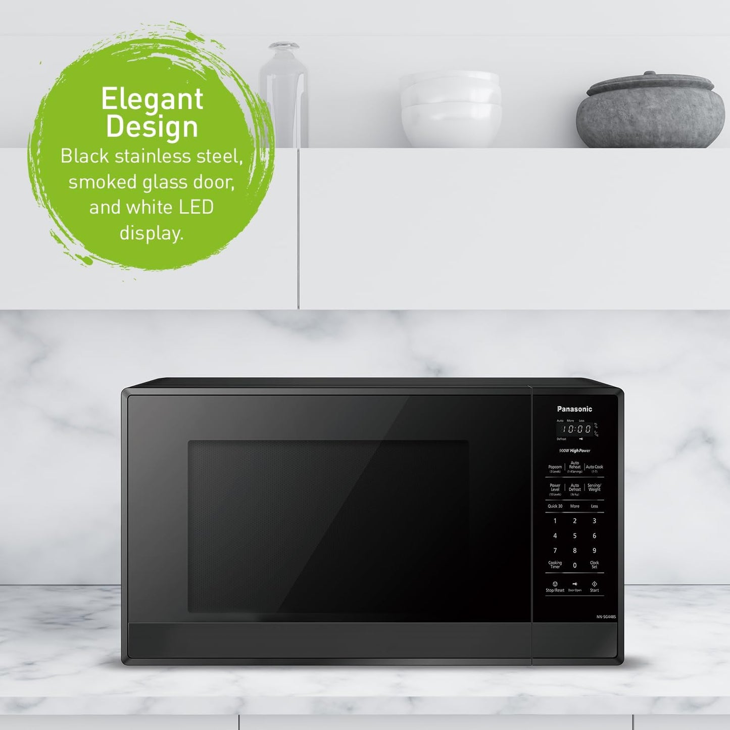 Compact 900 W High Power Microwave Oven, 7 Auto Cook Menus, Child Lock, Black Stainless
