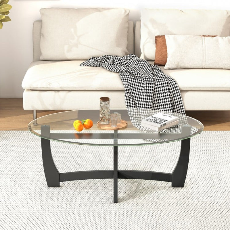 Oval Coffee Table Featuring Tempered Glass Top and Rubberwood Legs