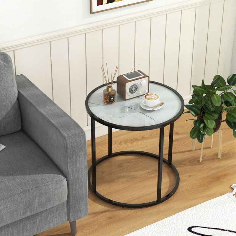 20-Inch Glass End Table Featuring a Metal Frame and Faux Marble Top