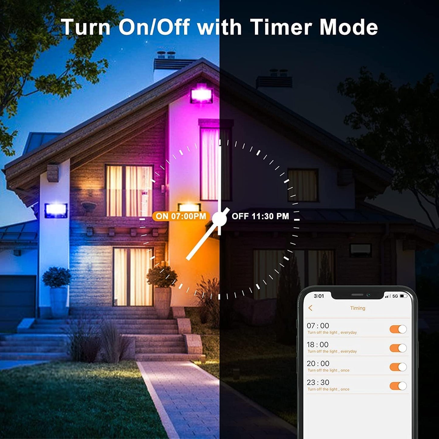 80W Bluetooth RGB Color Changing LED Flood Lights - 800W Equivalent, IP66 Waterproof, APP Group Control, 2700K Warm White & 16 Million Colors, 23 Modes, US 3-Plug (4 Pack)